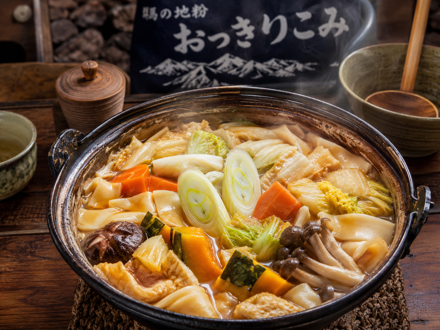 群馬のおっきりこみ。幅広麺と野菜を煮込む郷土料理。