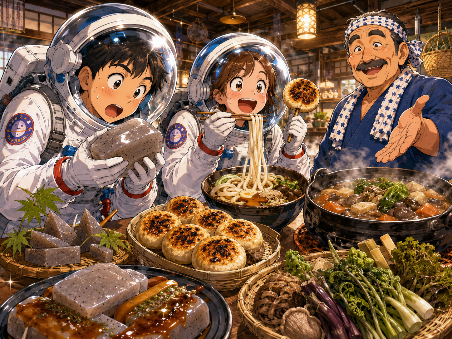 こんにゃく、焼きまんじゅう、水沢うどんを前にする宇宙飛行士と群馬のおじさん