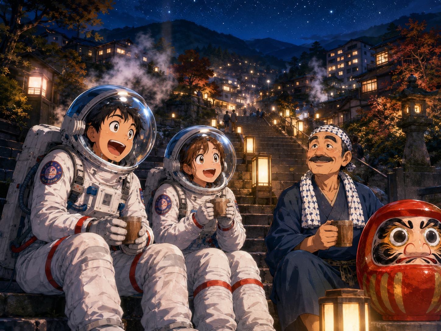 夜の伊香保の石段と温泉の蒸気、星を眺める宇宙飛行士と群馬のおじさん