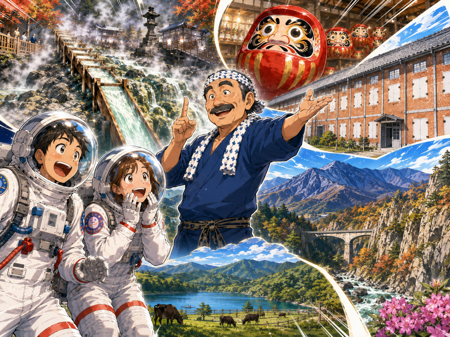 宇宙飛行士に温泉、だるま、富岡製糸場、山々を説明する群馬のおじさん