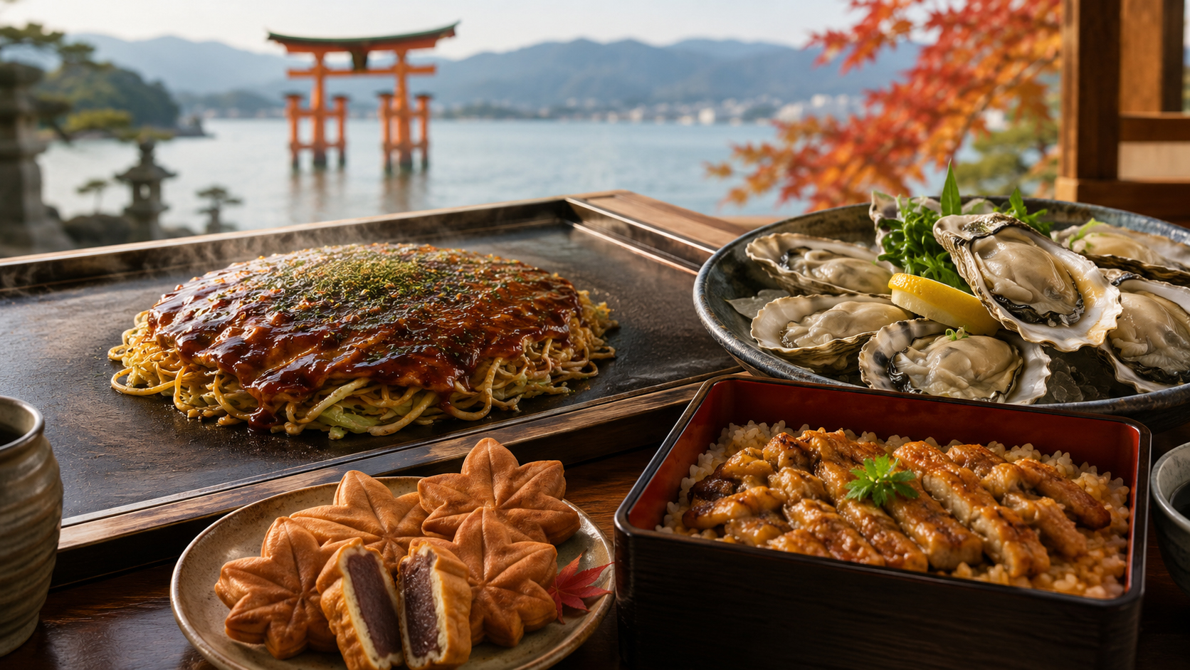 広島お好み焼き、牡蠣、あなごめし、もみじ饅頭が並ぶ広島の食卓。