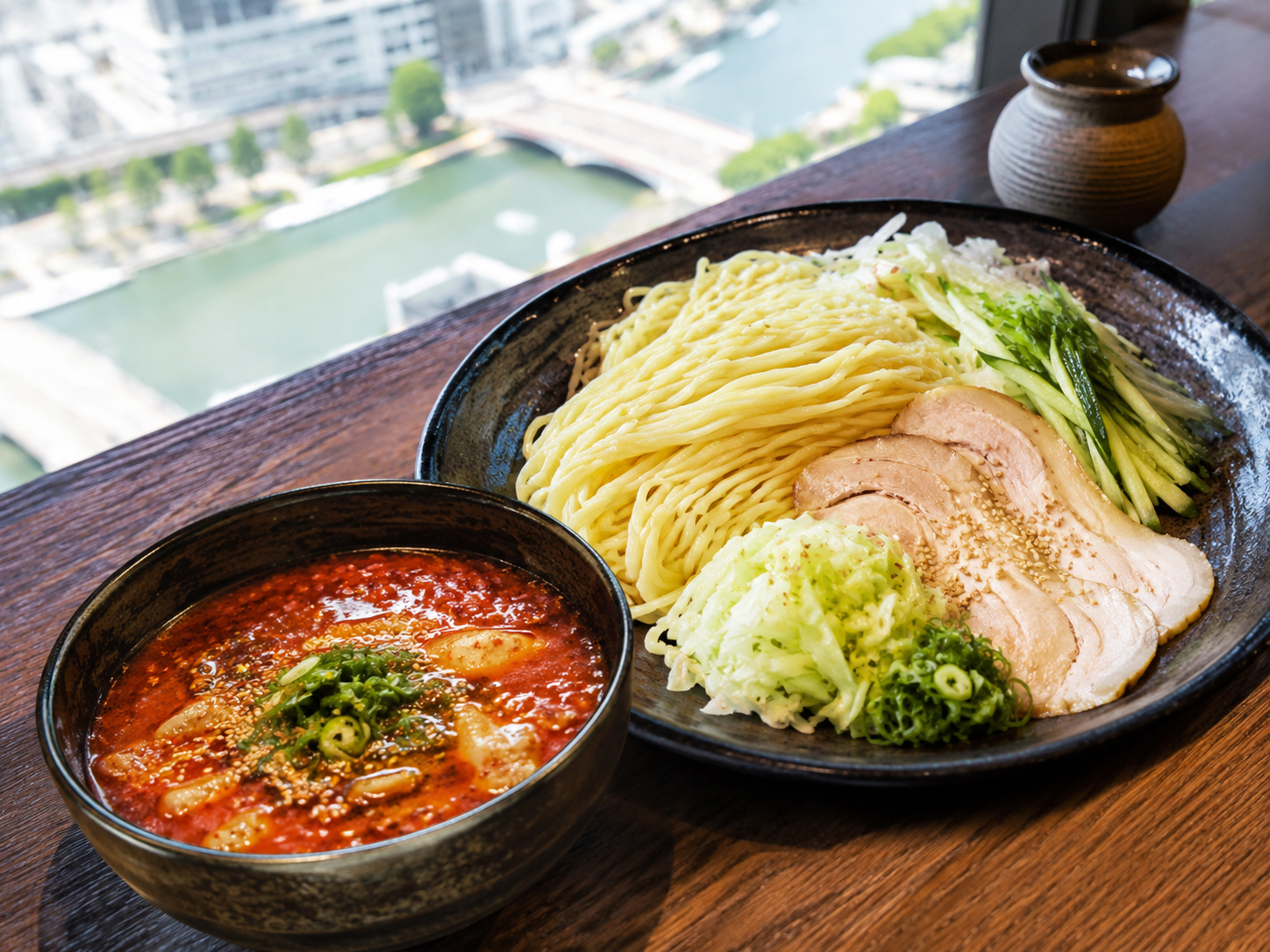 広島つけ麺。辛いつけだれと冷たい麺、野菜を合わせる広島名物。