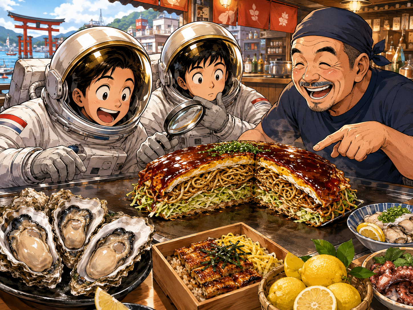 お好み焼き、牡蠣、穴子飯を前にする宇宙飛行士と広島のおじさん