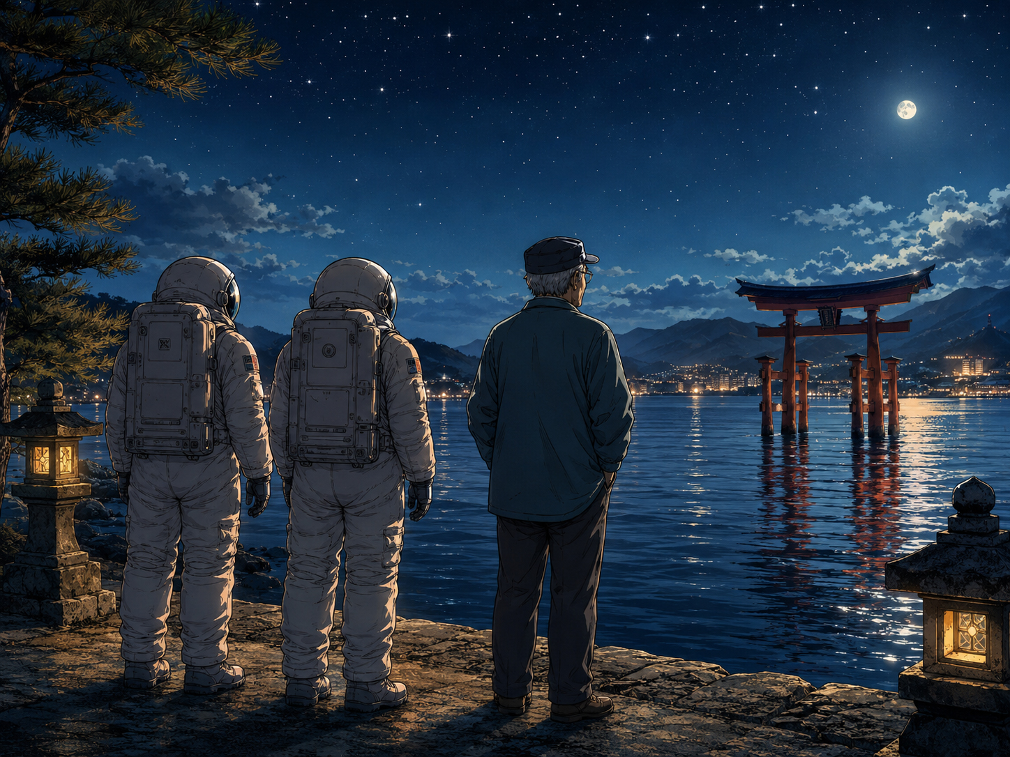夜の瀬戸内海、宮島の鳥居、星を静かに眺める宇宙飛行士と広島のおじさん