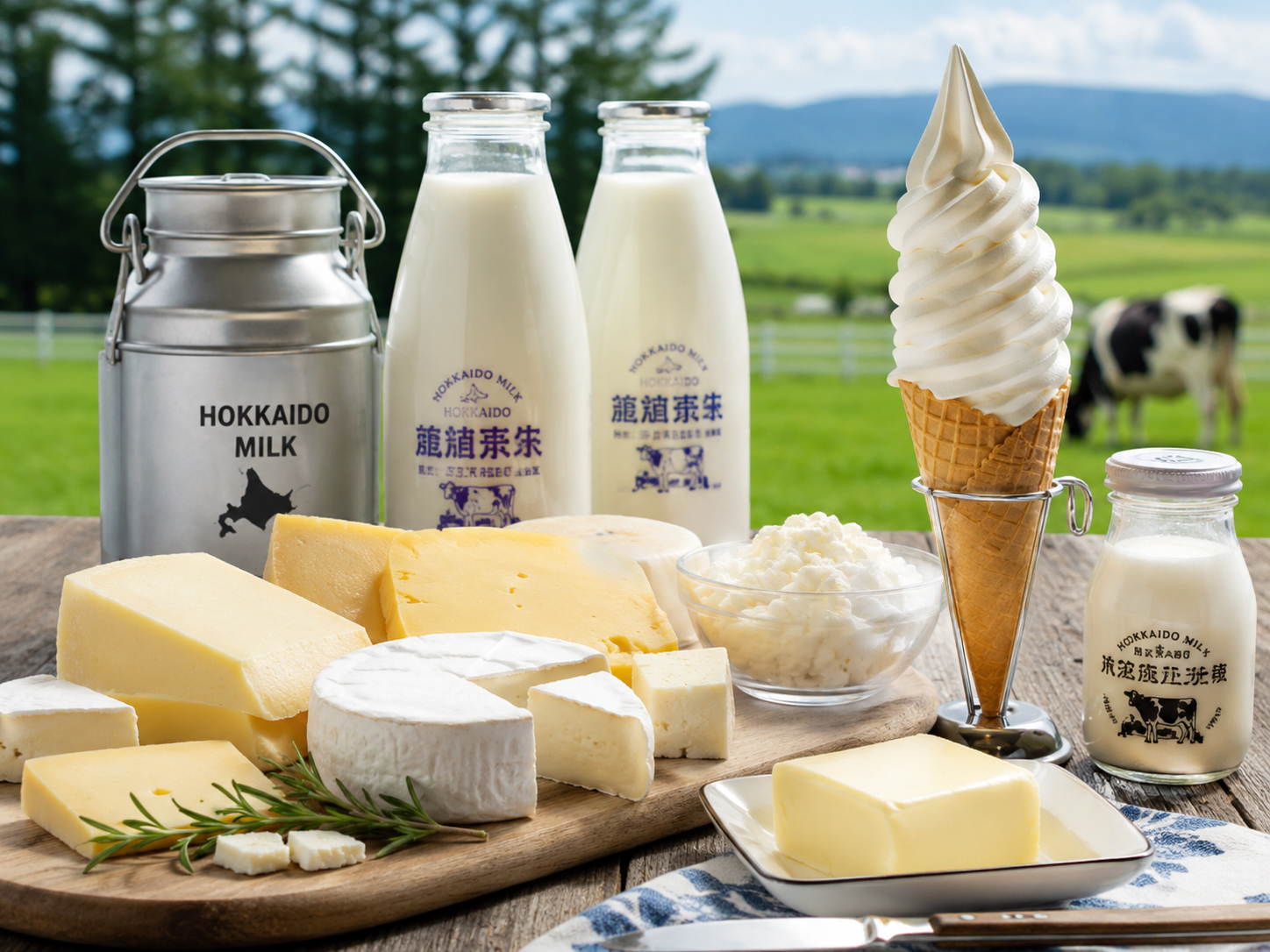 北海道の乳製品。牛乳、チーズ、ソフトクリーム、バター。