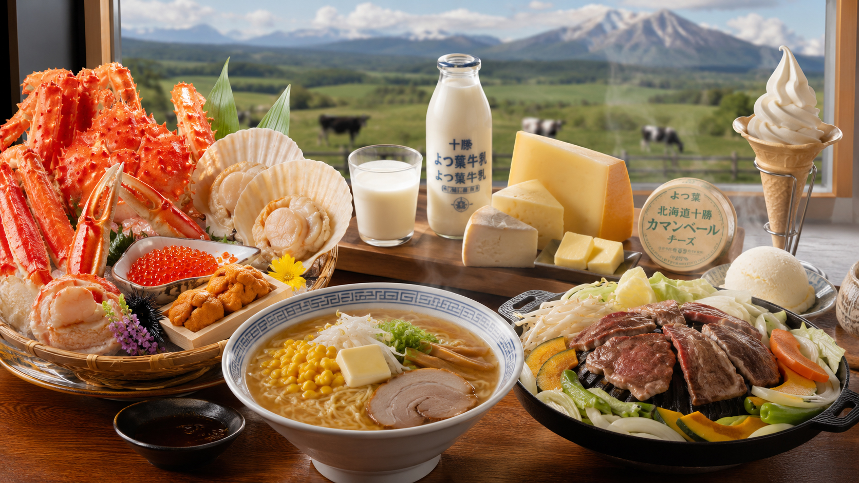 蟹、海鮮丼、札幌ラーメン、ジンギスカン、乳製品が並ぶ北海道の食卓。