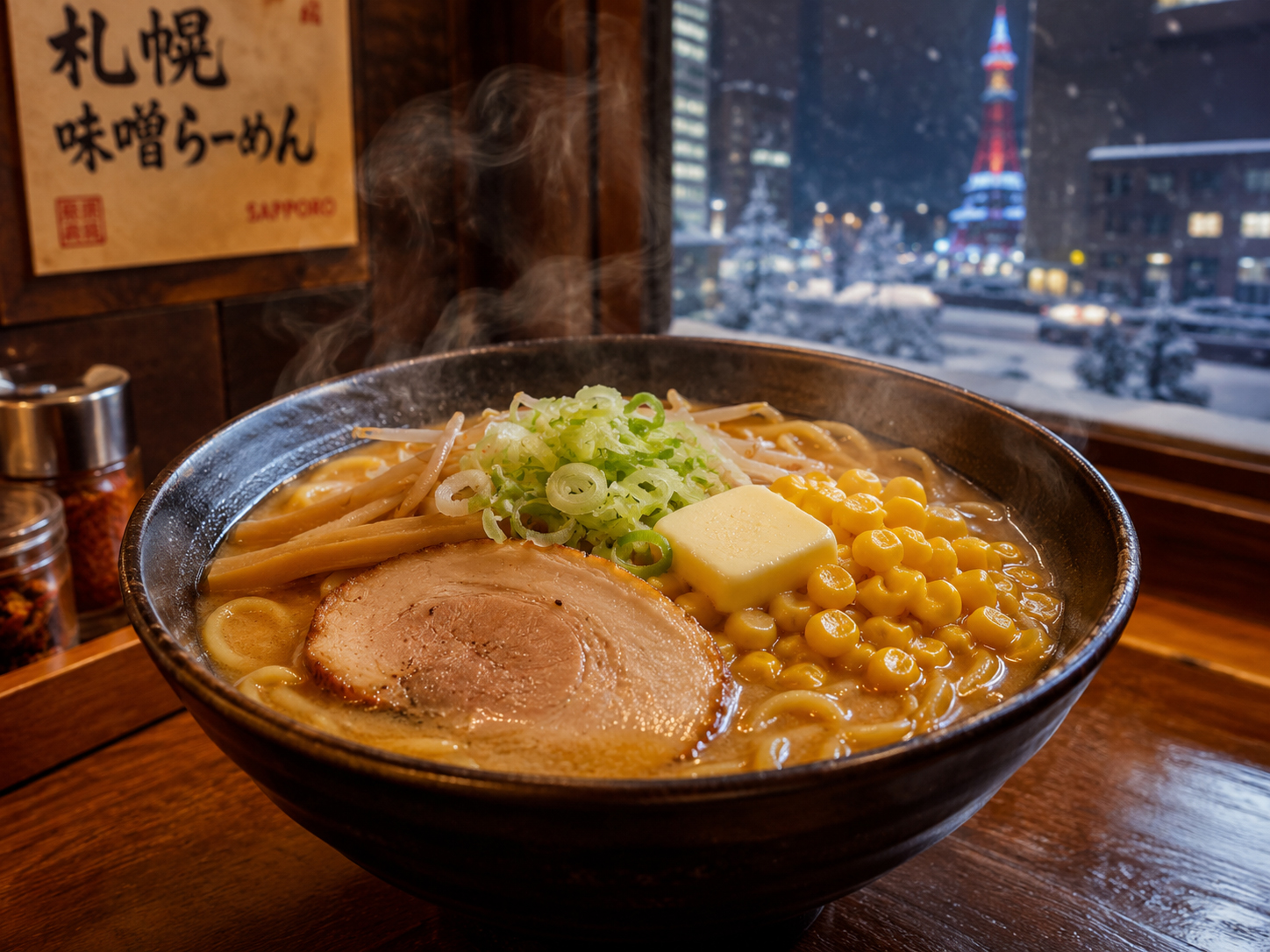 札幌味噌ラーメン。味噌、バター、コーン、チャーシューの一杯。