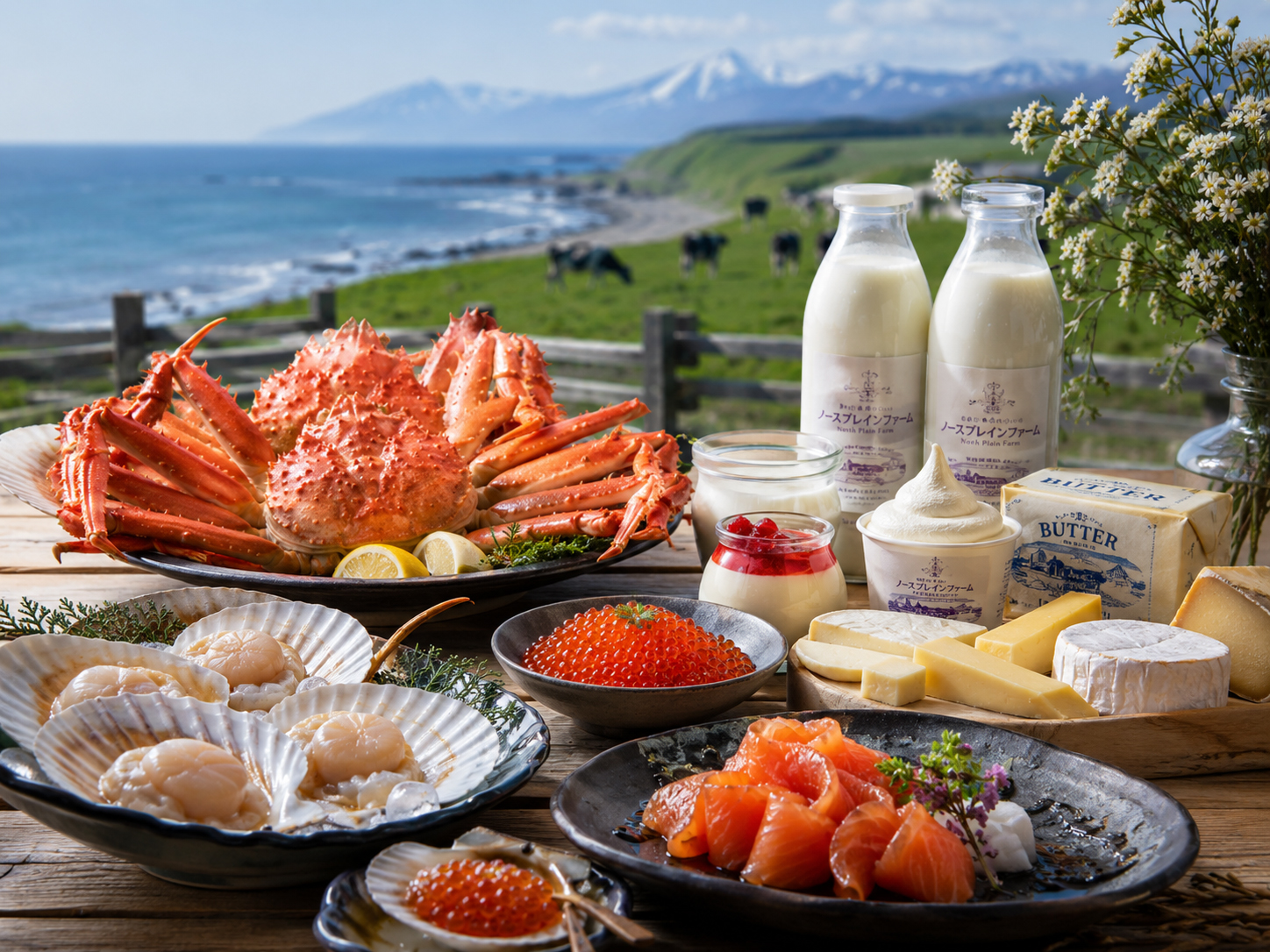 北海道の海鮮、乳製品、じゃがいも、とうもろこしが並ぶ北の食卓。