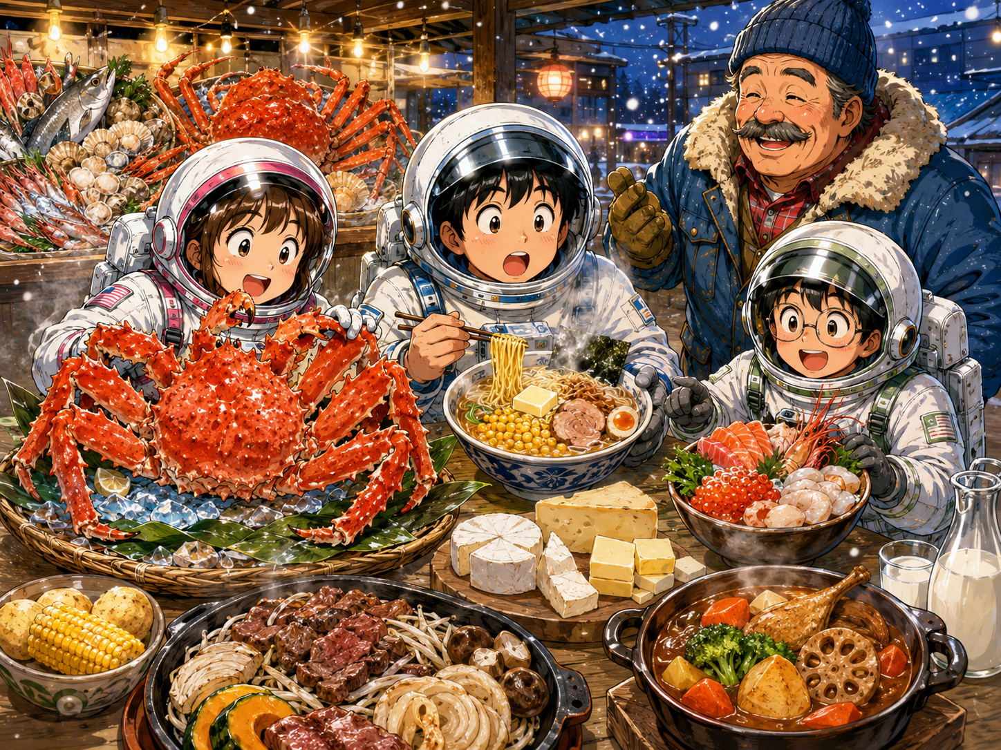 蟹、味噌ラーメン、乳製品、ジンギスカンを前にする宇宙飛行士と北海道のおじさん