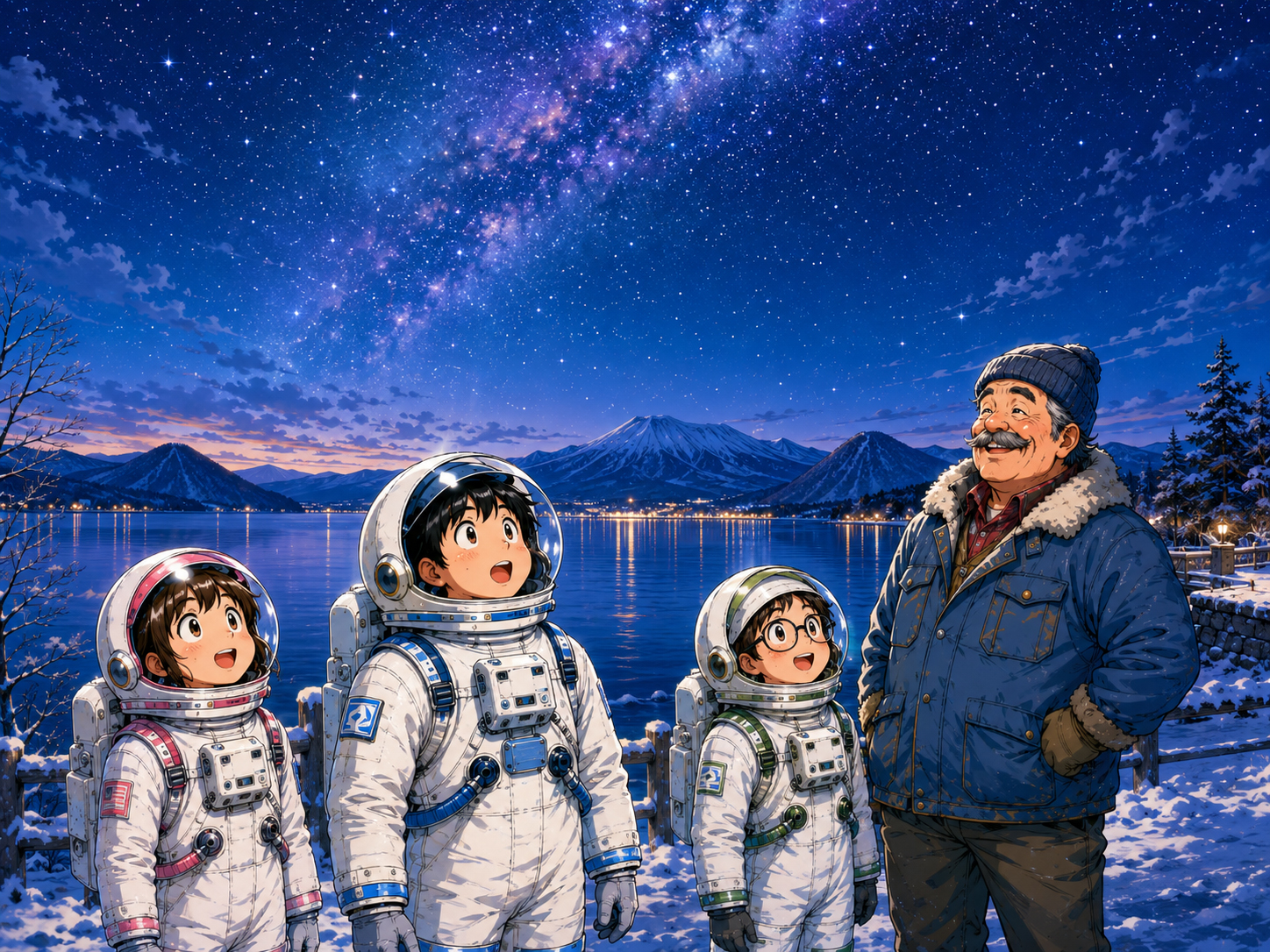 夜の洞爺湖、星、雪、火山の影を眺める宇宙飛行士と北海道のおじさん