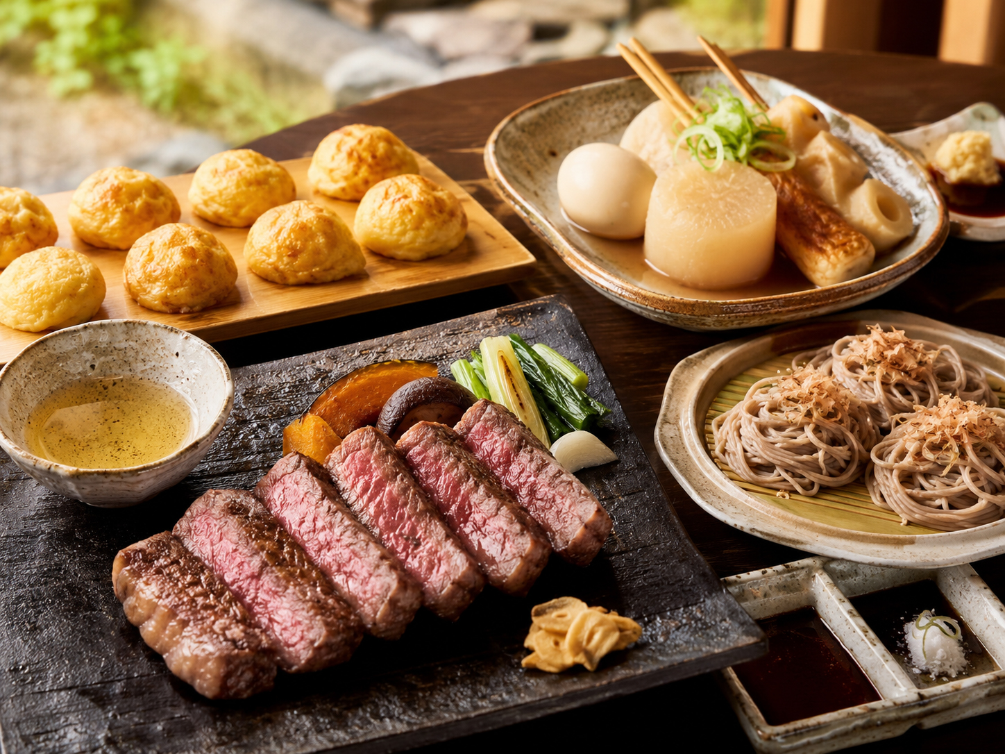 神戸牛、明石焼き、姫路おでん、出石皿そばが並ぶ兵庫の食卓。
