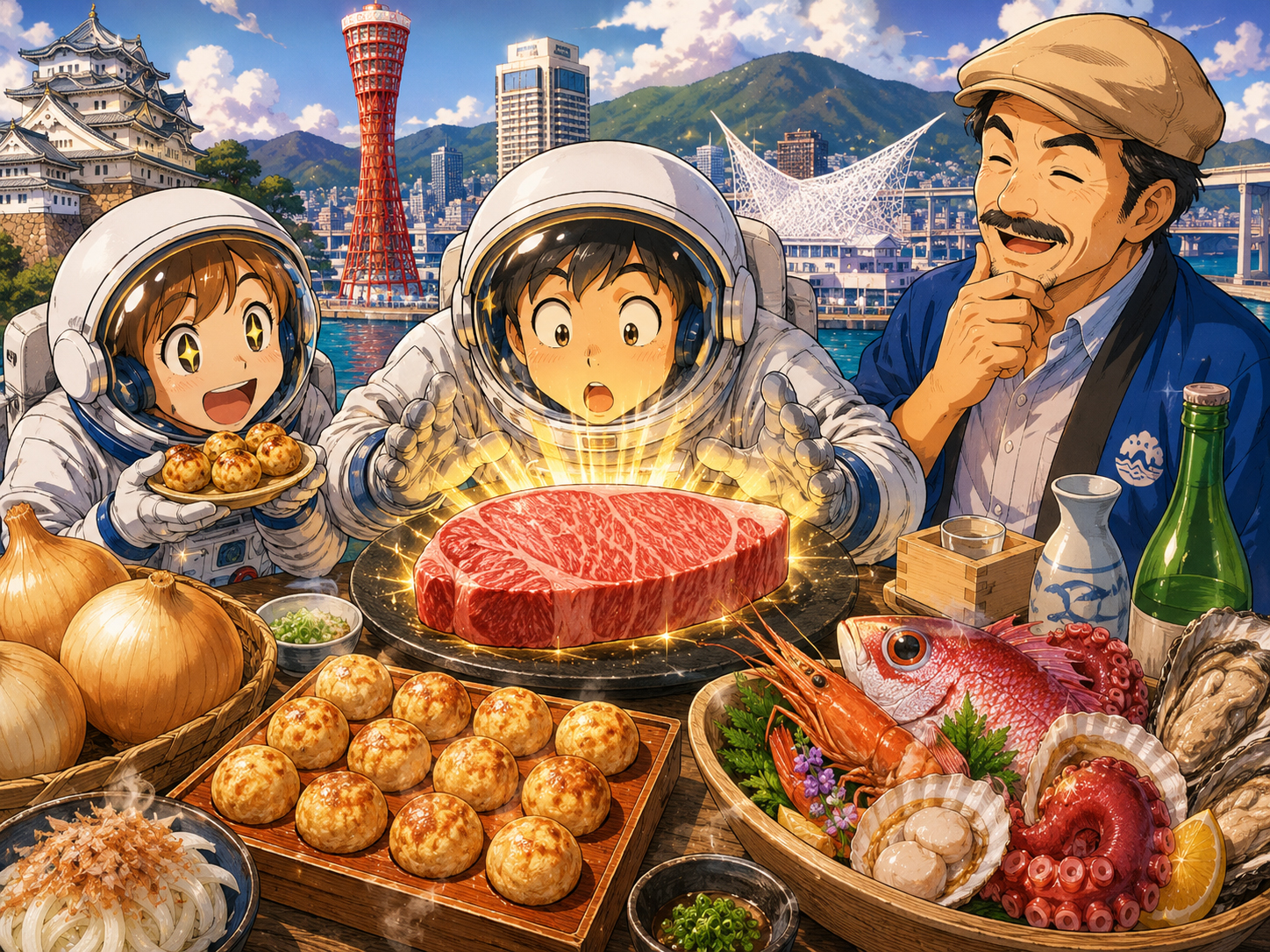 神戸牛、明石焼き、灘の酒、淡路玉ねぎを前にする宇宙飛行士と兵庫のおじさん