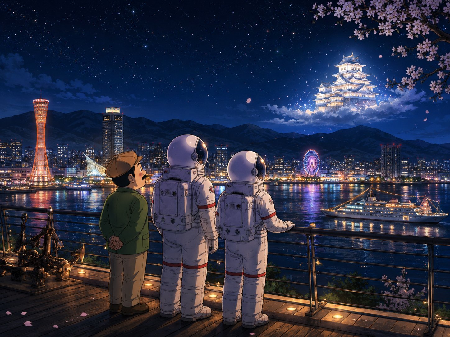 夜の神戸港、星、山、船の灯りを眺める宇宙飛行士と兵庫のおじさん