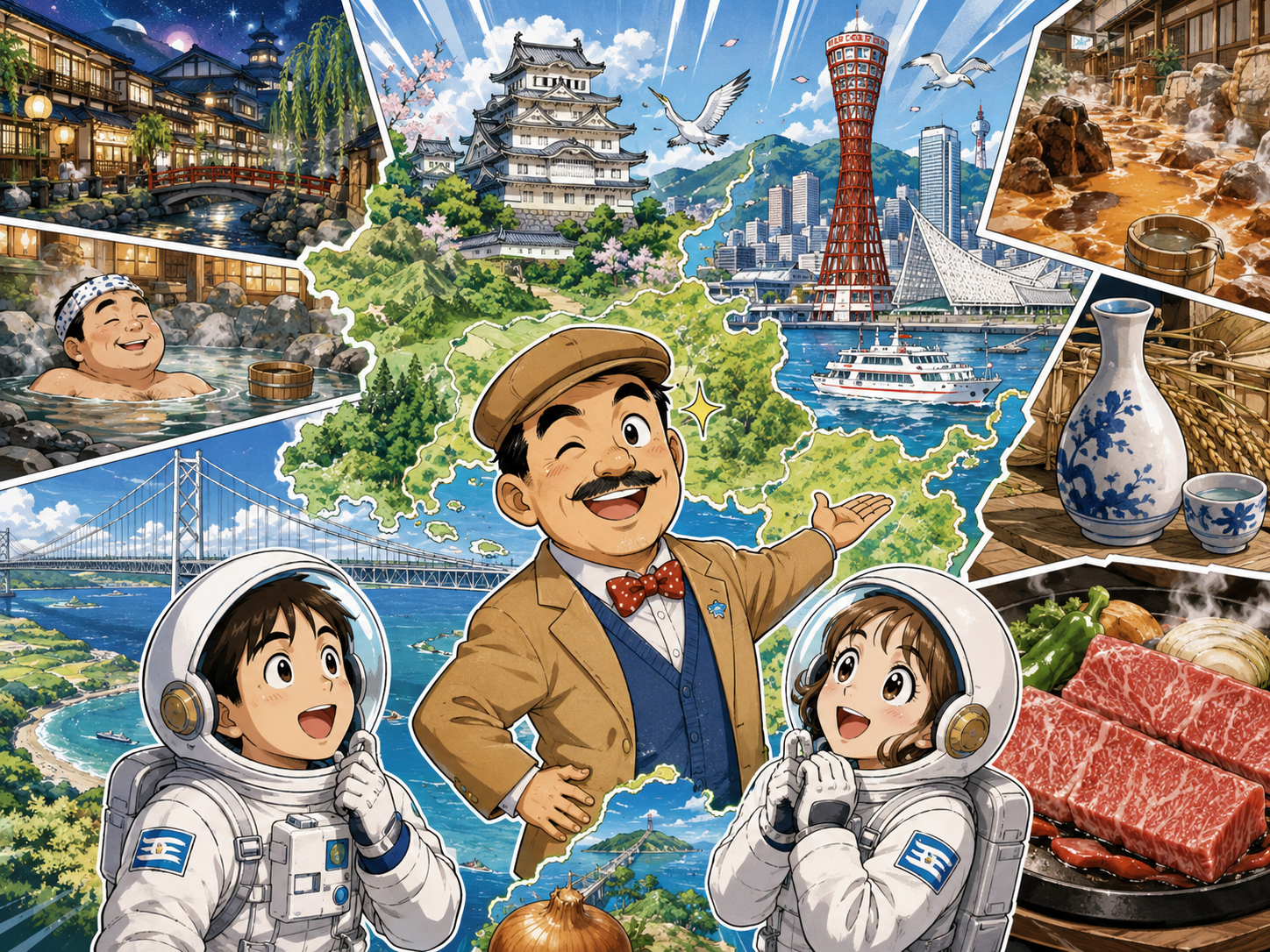 宇宙飛行士に神戸、姫路、有馬、淡路を説明する兵庫のおじさん
