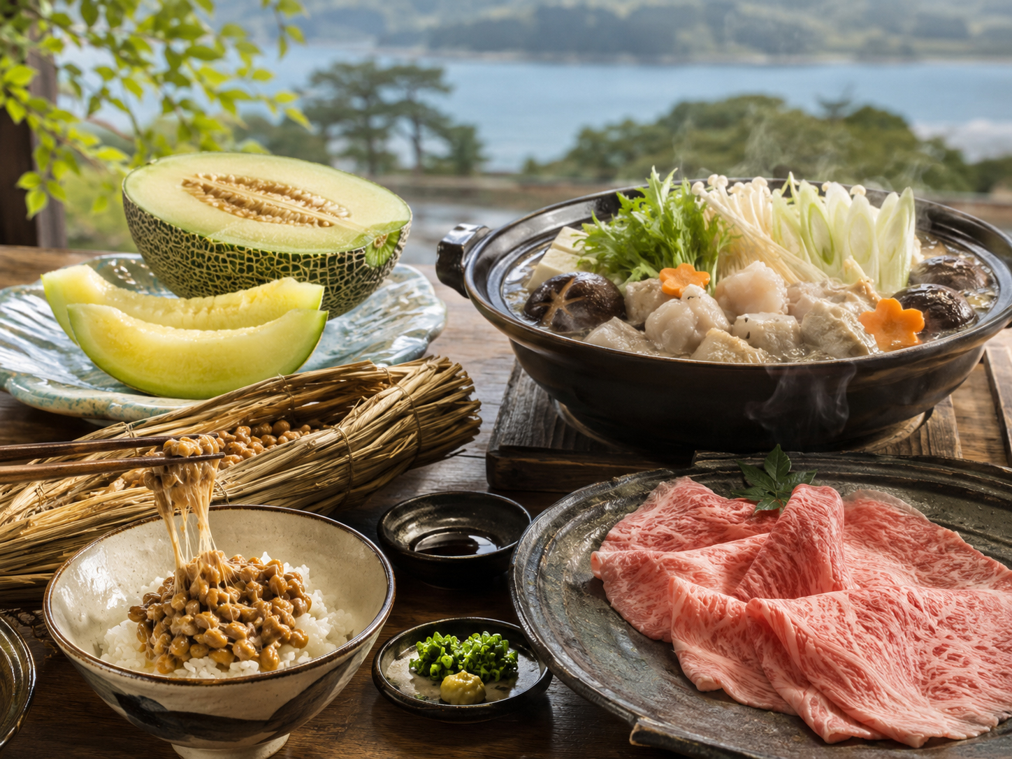 水戸納豆、あんこう鍋、常陸牛、鉾田メロンが並ぶ茨城の食卓。