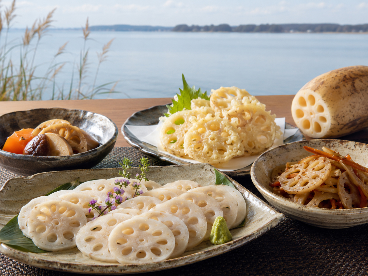 霞ヶ浦れんこん。れんこんの天ぷら、きんぴら、煮物。