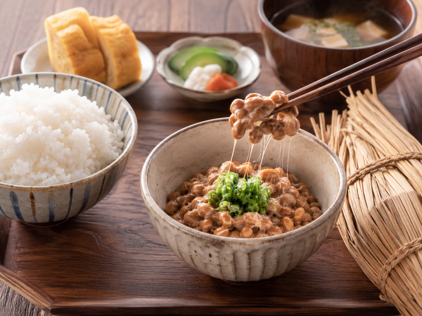 水戸納豆。わら納豆と白いご飯の茨城の朝食。