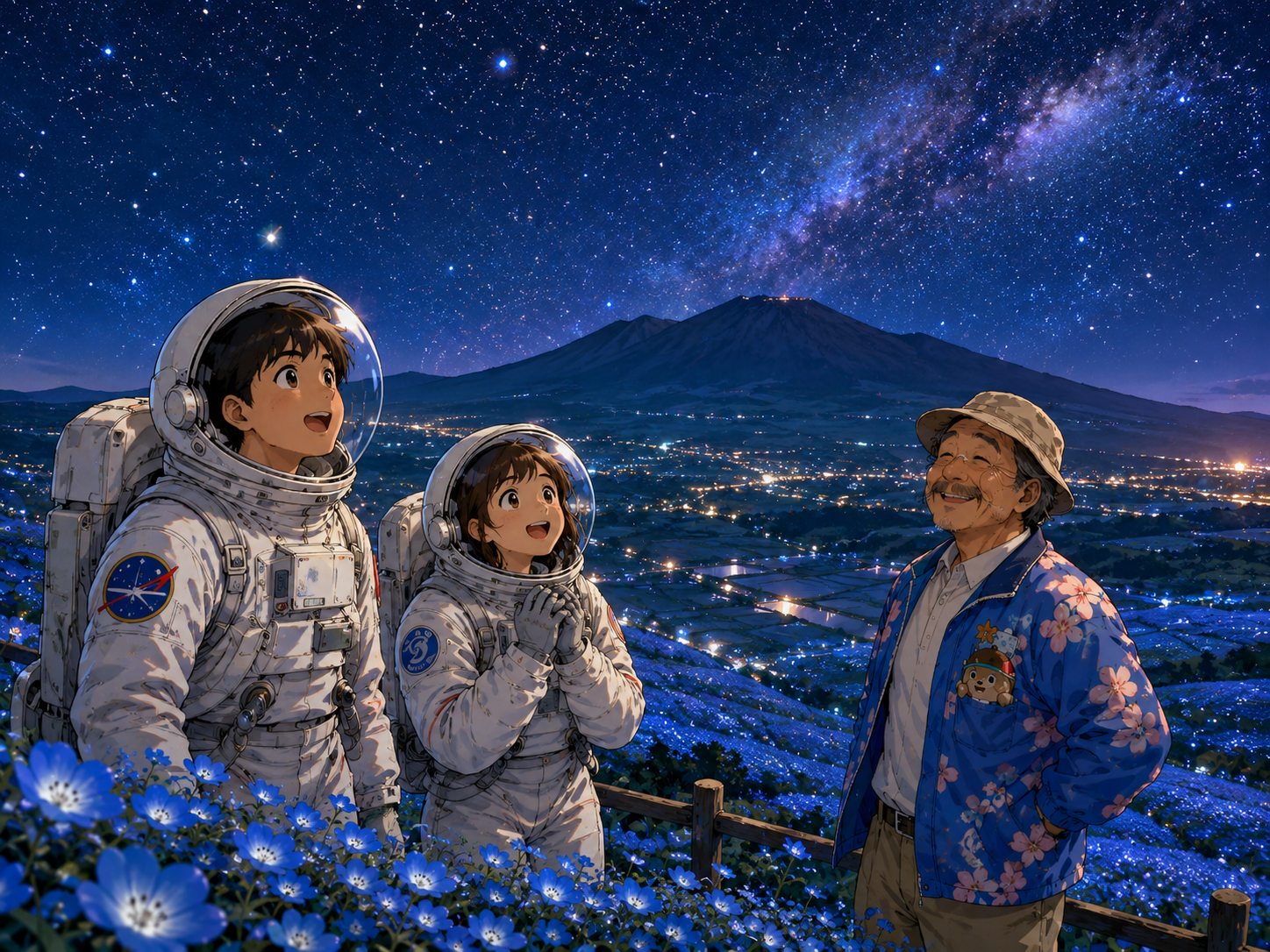 夜の筑波山、星、花の余韻を眺める宇宙飛行士と茨城のおじさん