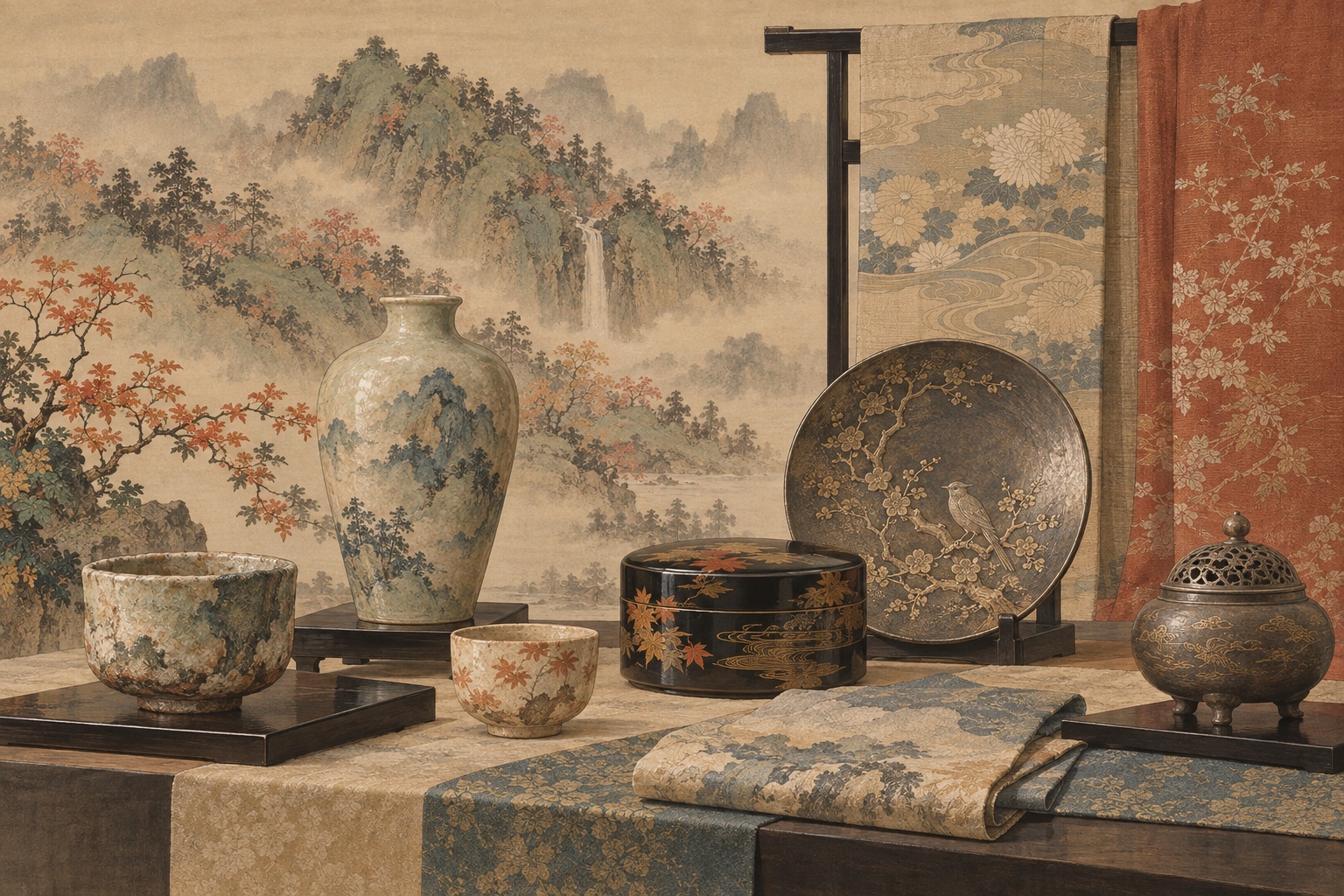 AI editorial illustration inspired by Tani Bunchō, showing ceramics, textiles, lacquer and bamboo craft.