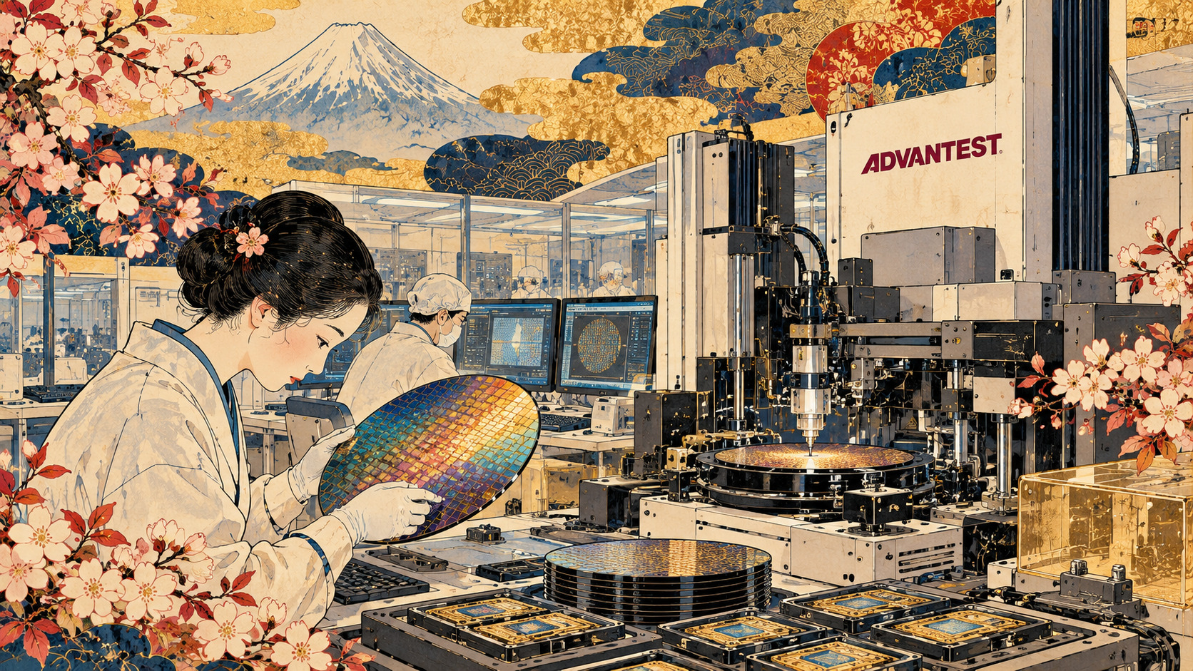The AI Chip Boom’s Hidden Test: Advantest and a ¥1.714 Trillion Forecast — AI-generated editorial illustration inspired by Kawanabe Kyōsui