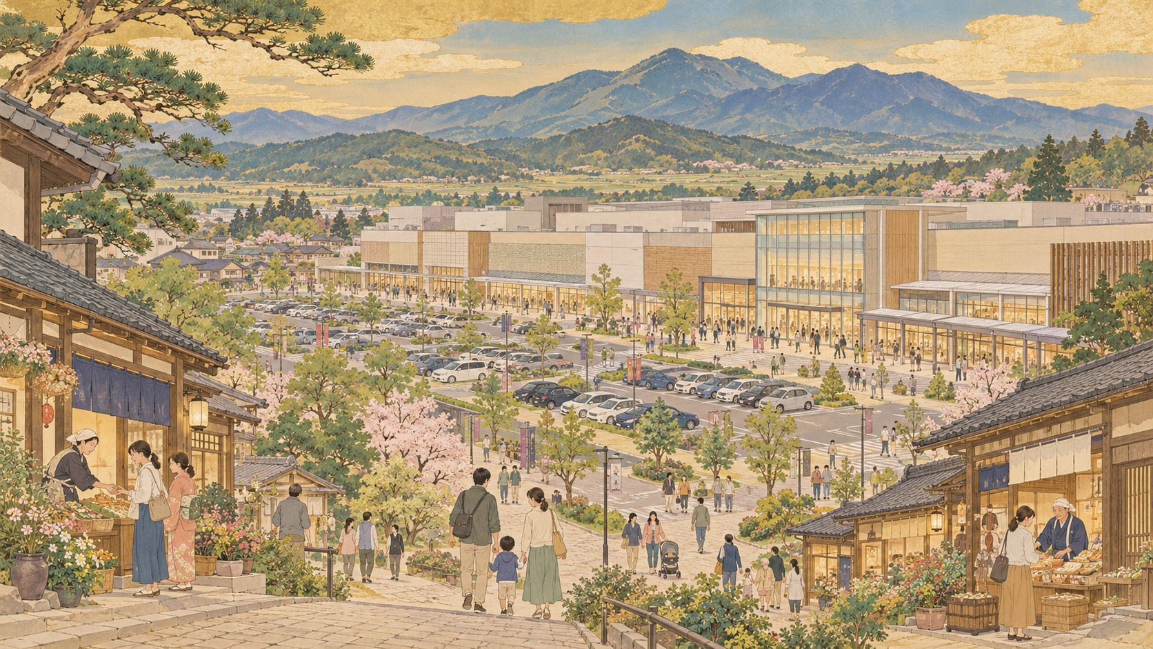 Aeon Mall Date Is Coming. What Happens to Local Merchants? — AI editorial illustration inspired by Ota Shumin