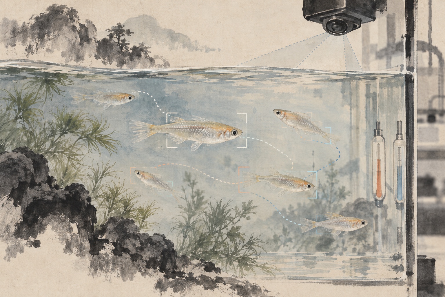研究水槽のメダカをAIが追跡する様子を、谷文晁の山水画に着想を得た表現で描いたAI生成の編集イラスト
