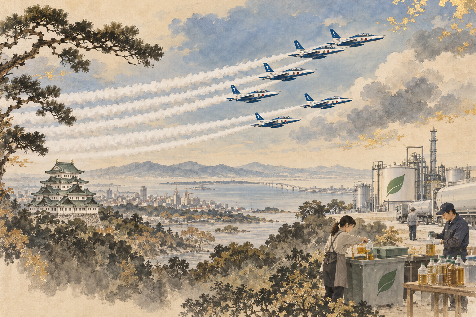 Conceptual illustration of blue-and-white aircraft above an Aichi-inspired landscape, with used cooking oil collection containers below