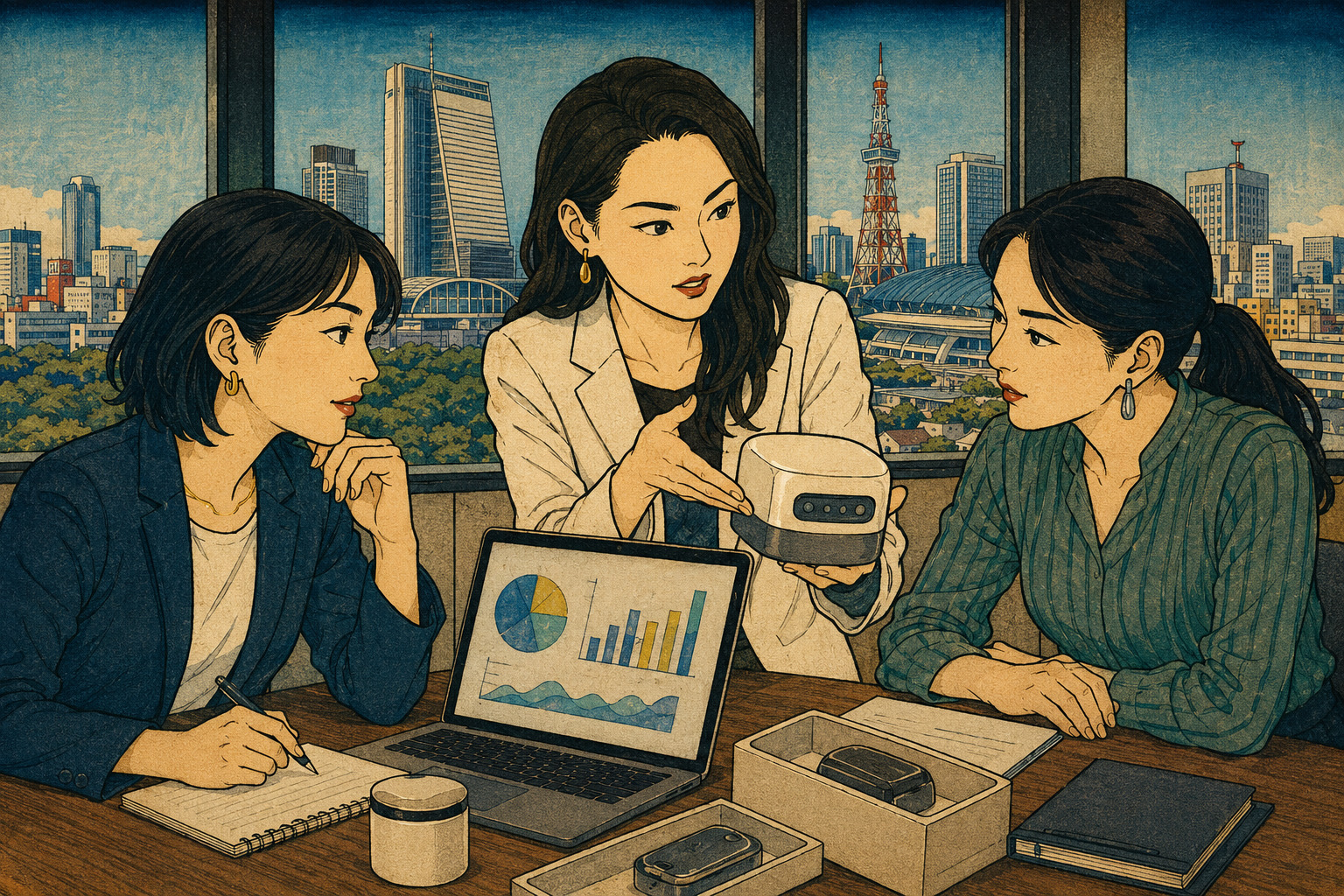 Editorial illustration of three women founders presenting a venture concept in Aichi, inspired by Gosōtei Hirosada