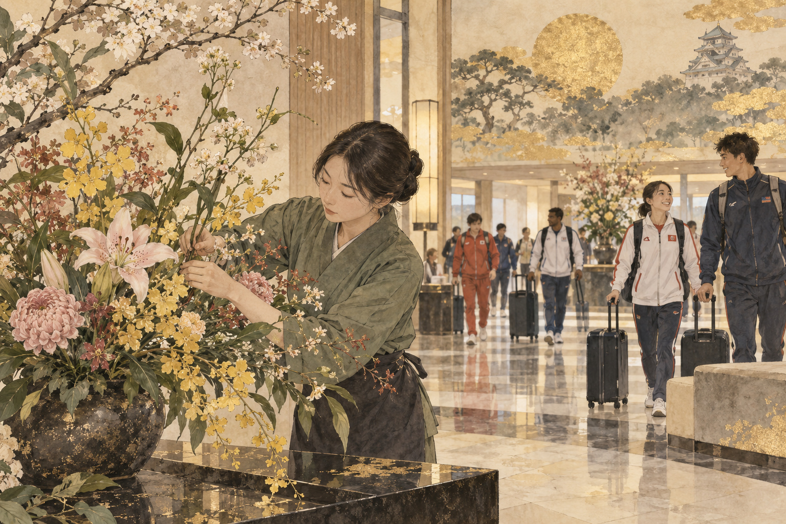 Conceptual ink-and-colour illustration of a grower arranging flowers with arriving athletes suggested in the background
