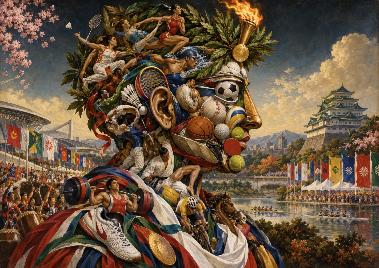 Japan.co.jp AI editorial illustration inspired by Giuseppe Arcimboldo’s composite portraits, accompanying “The Asian Games Are Already Underway Before the Opening Ceremony”