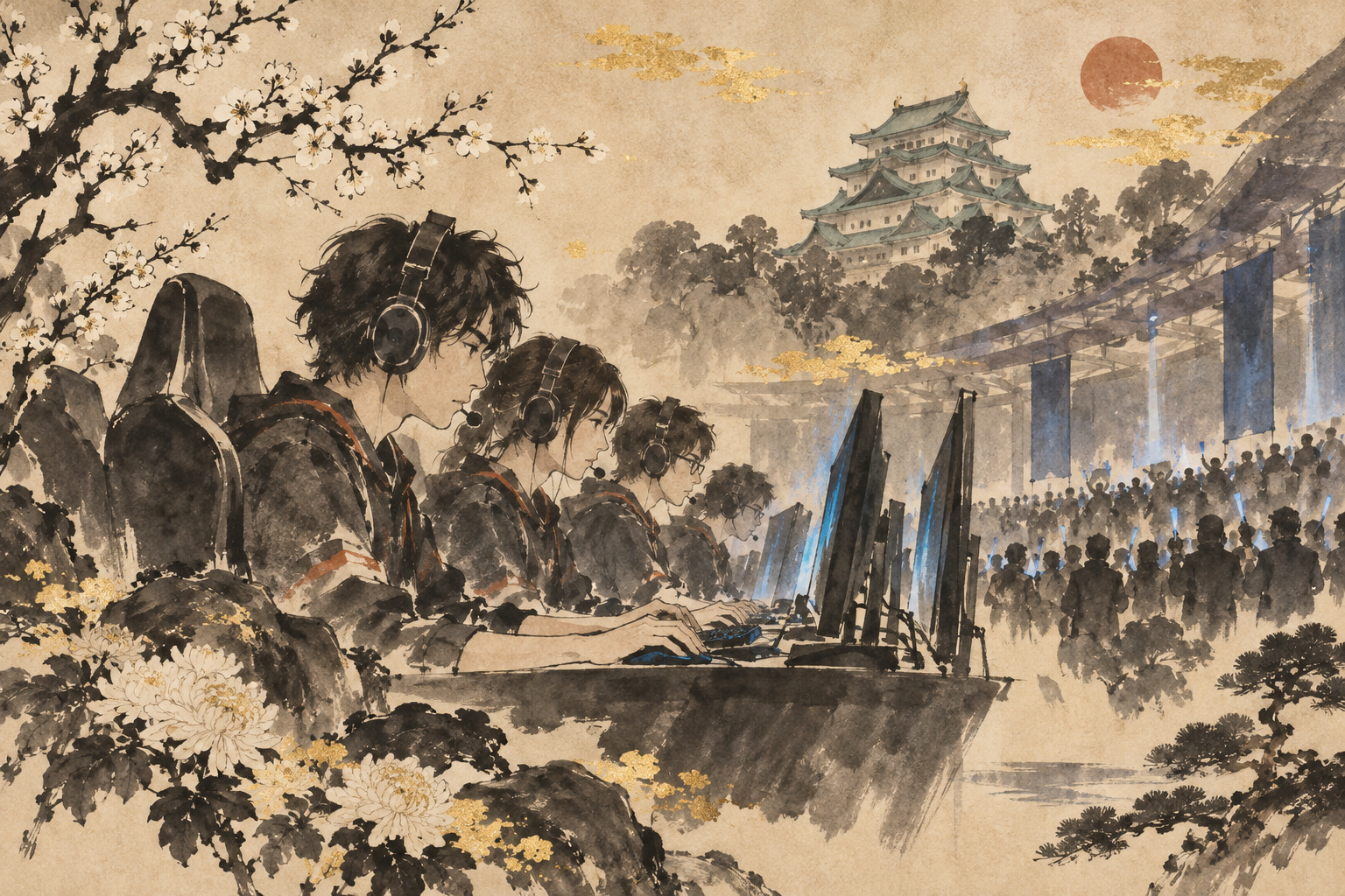 Ink-wash editorial illustration of competitors at gaming stations with spectators behind them