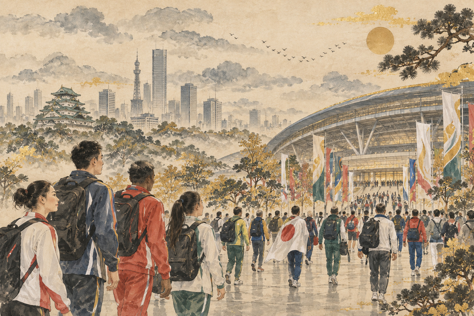 Ink-wash illustration of athletes and spectators approaching a stadium against a stylized Nagoya skyline