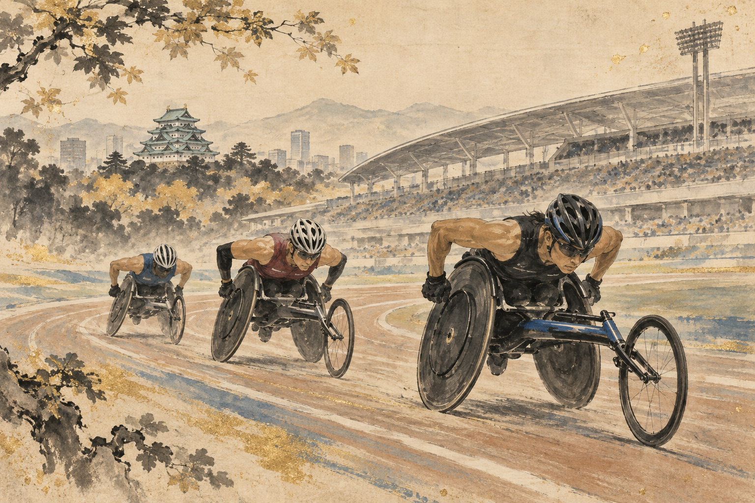 Ink-wash illustration of athletes racing in competition wheelchairs on a track