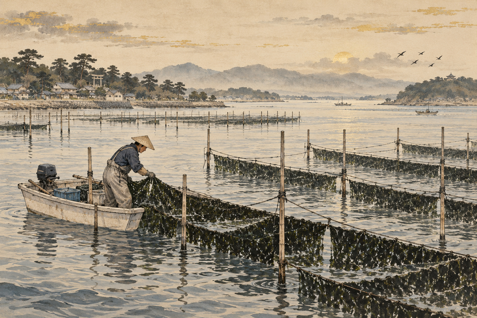 Ink-wash conceptual illustration of a nori grower tending cultivation nets from a small boat in calm coastal water