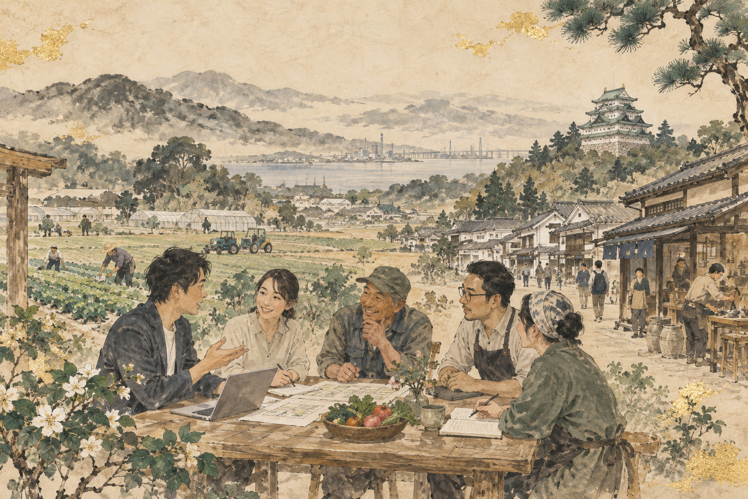 Conceptual illustration of entrepreneurs and local residents around a wooden table, with farmland, workshops and town streets behind them