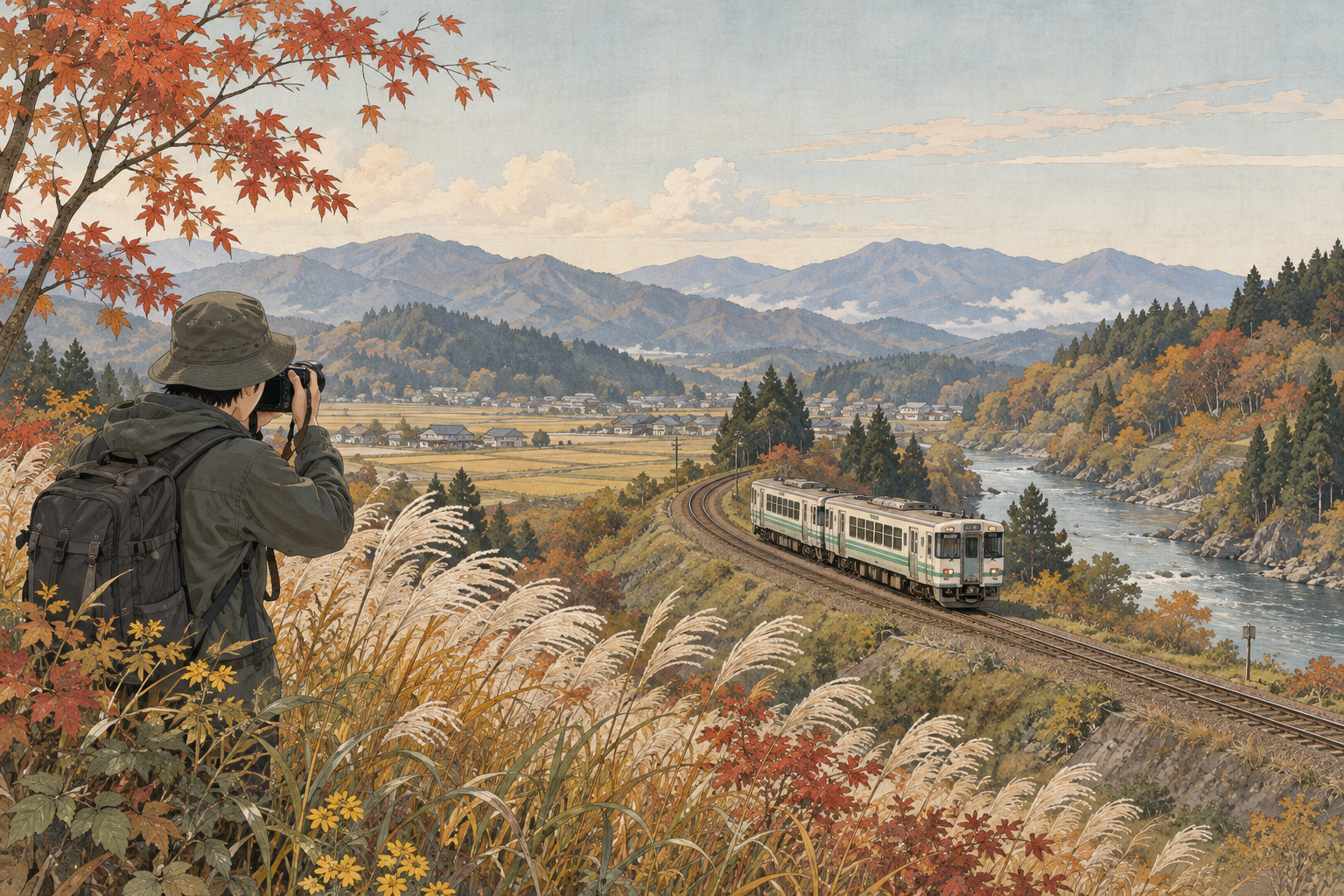 A camera offers another reason to ride the Hanawa Line — AI editorial illustration