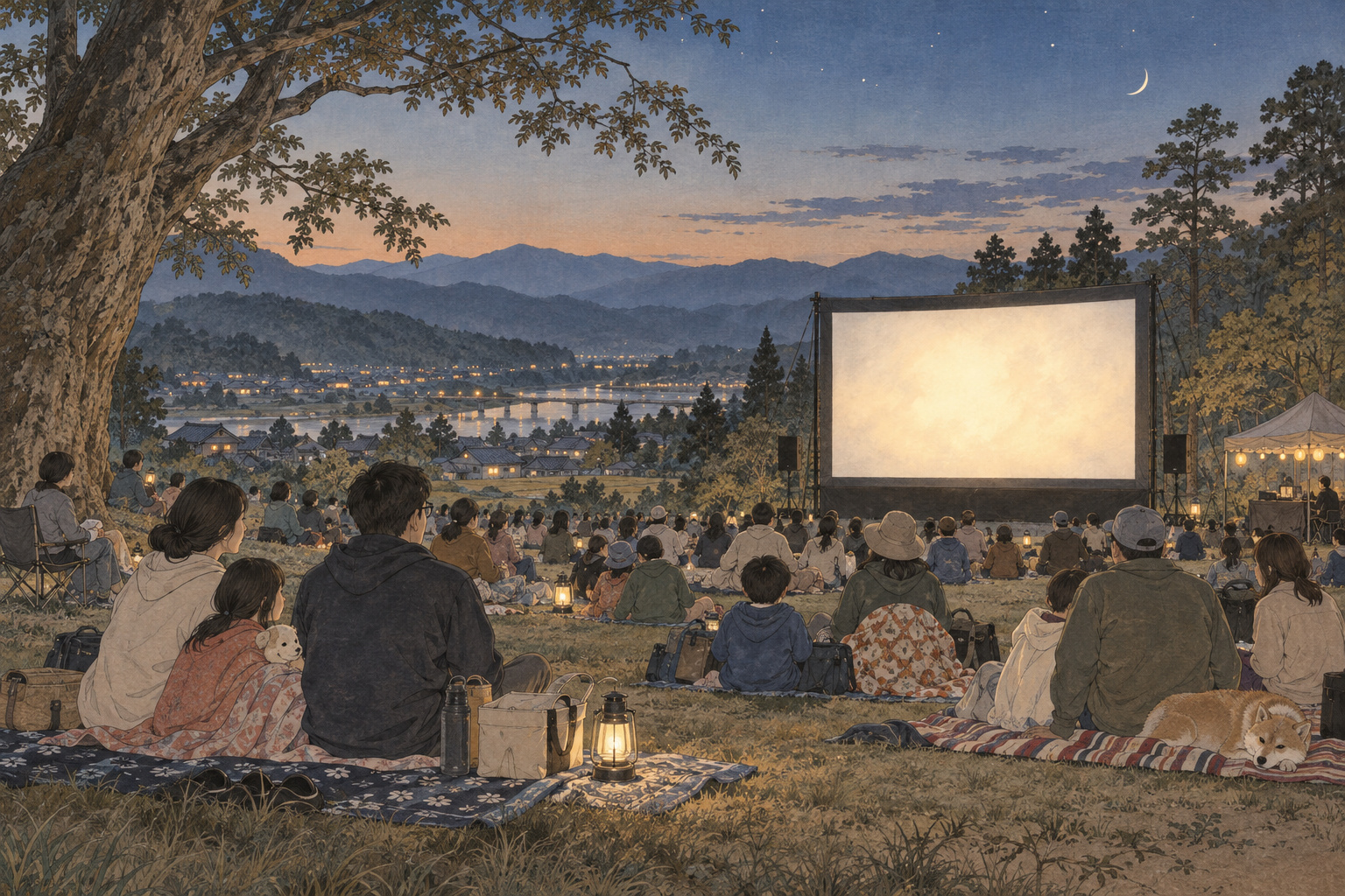 An evening at the outdoor cinema in Ikawa — AI editorial illustration