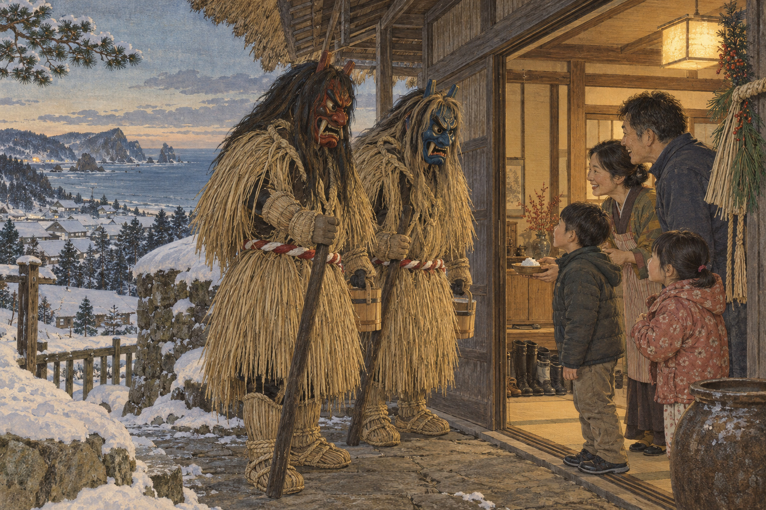 Beyond the fierce masks of Oga’s Namahage — AI editorial illustration