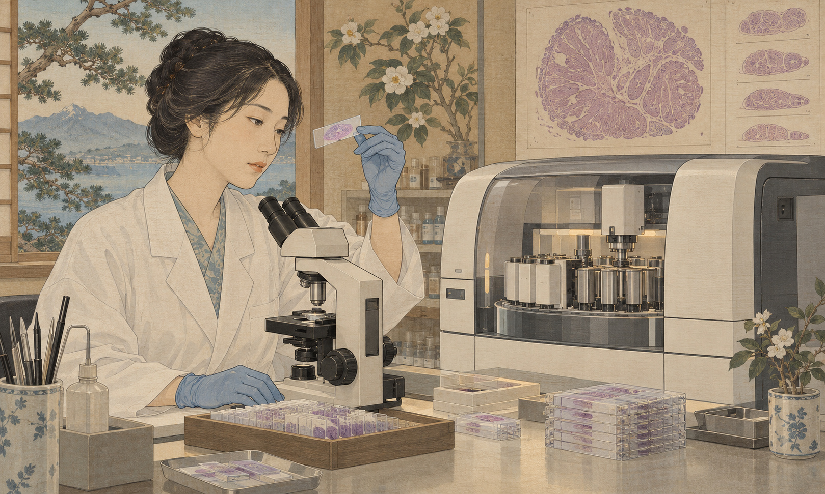 An imagined pathology laboratory with glass slides, a microscope and a conceptual specimen-preparation instrument