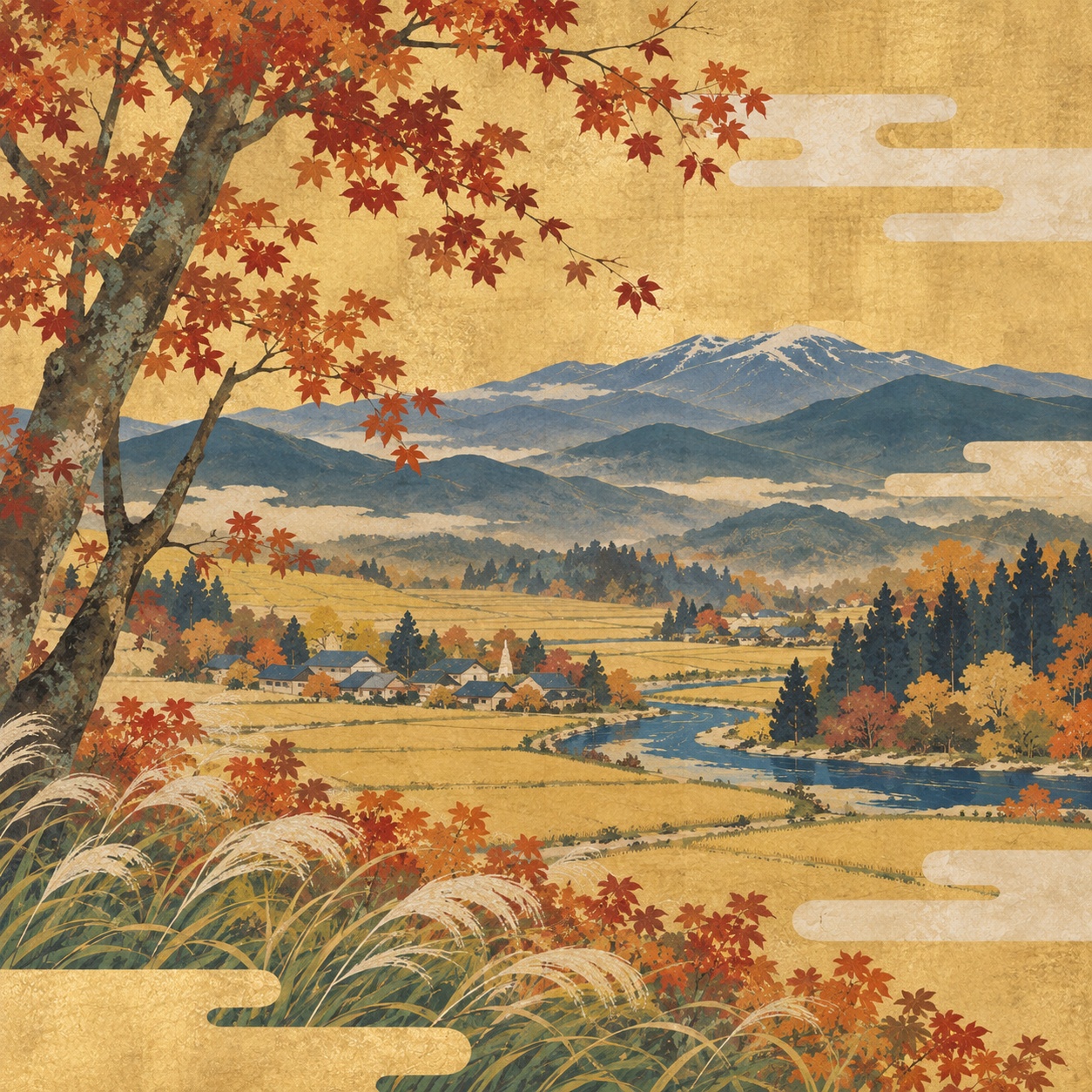 秋の山々、田園、町並みを金と藍の琳派調で描いた秋田の編集用イラスト