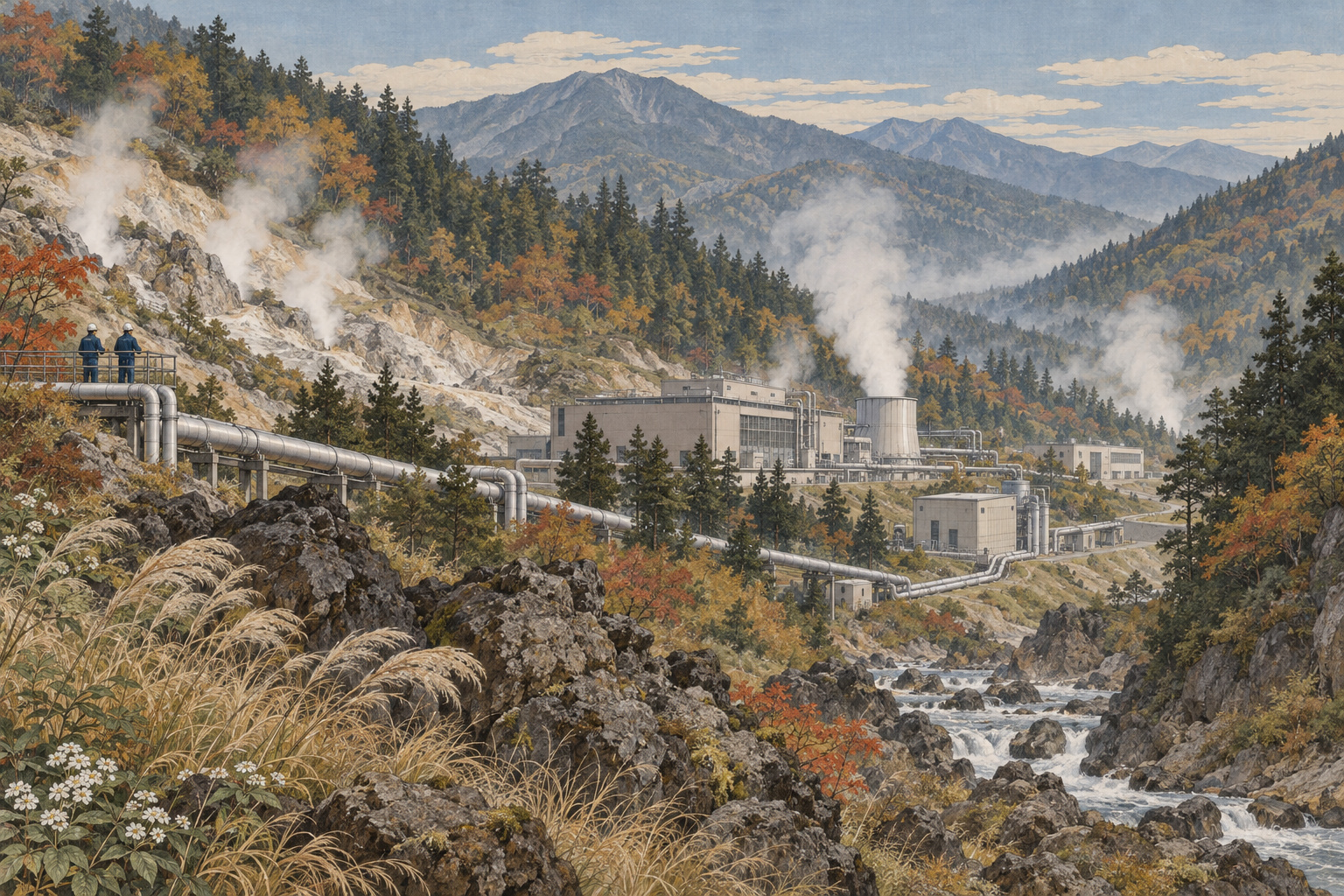 Beneath Yuzawa, volcanic heat becomes electricity — AI editorial illustration