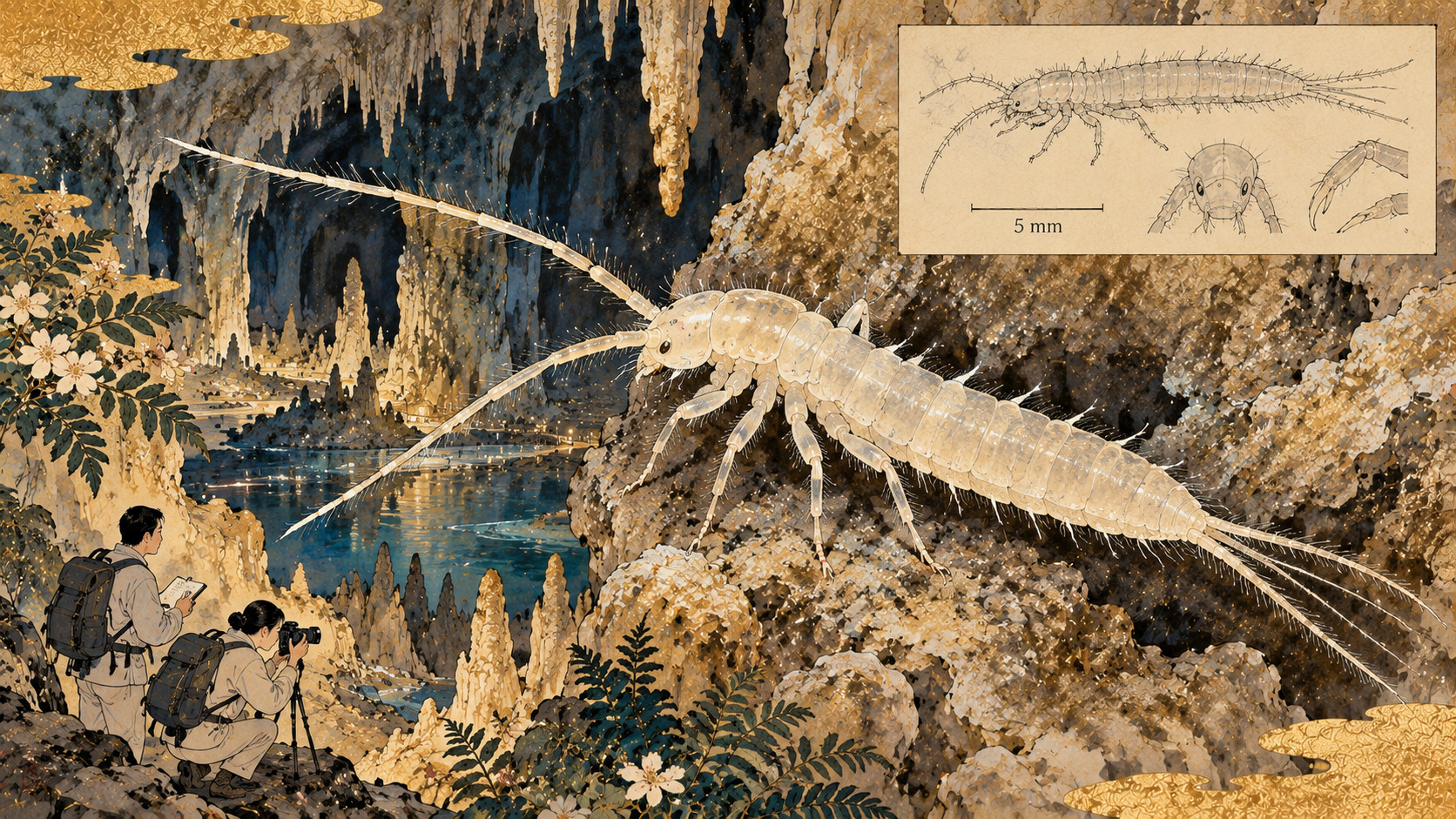 A Tiny Giant Beneath Japan: The Cave Species That Waited 70 Years for a Name — AI-generated editorial illustration inspired by Kawanabe Kyōsui