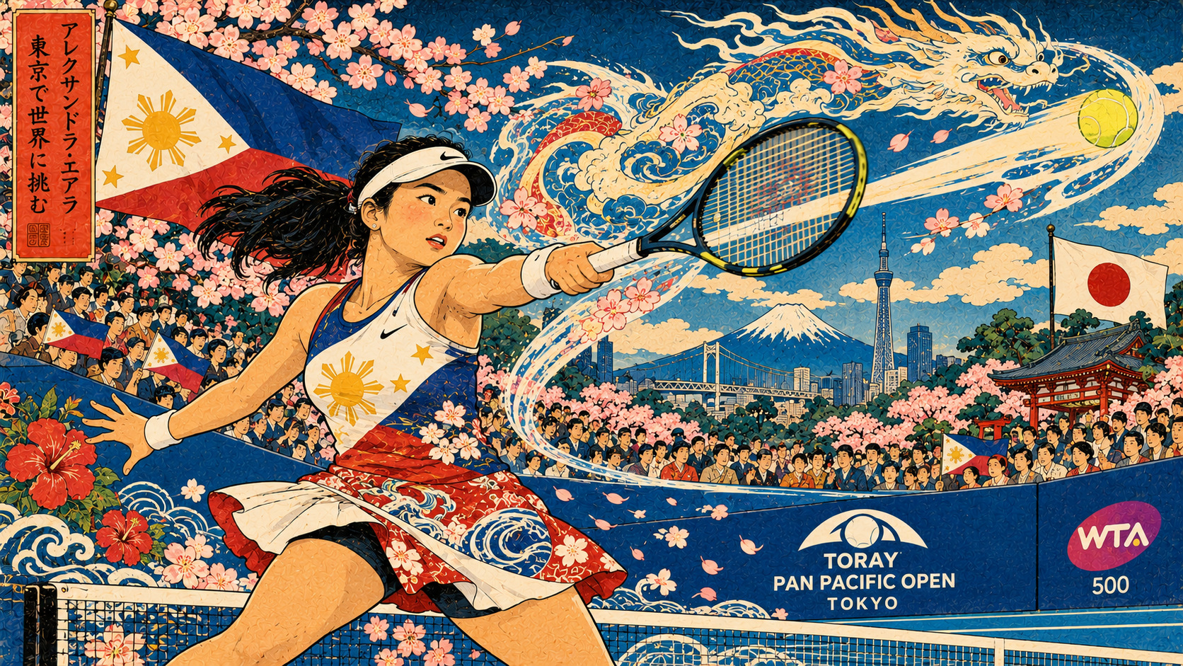 Symbolic, AI-generated Yoshifuji-inspired tennis illustration; not an authentic photograph or verified likeness of Alexandra Eala.