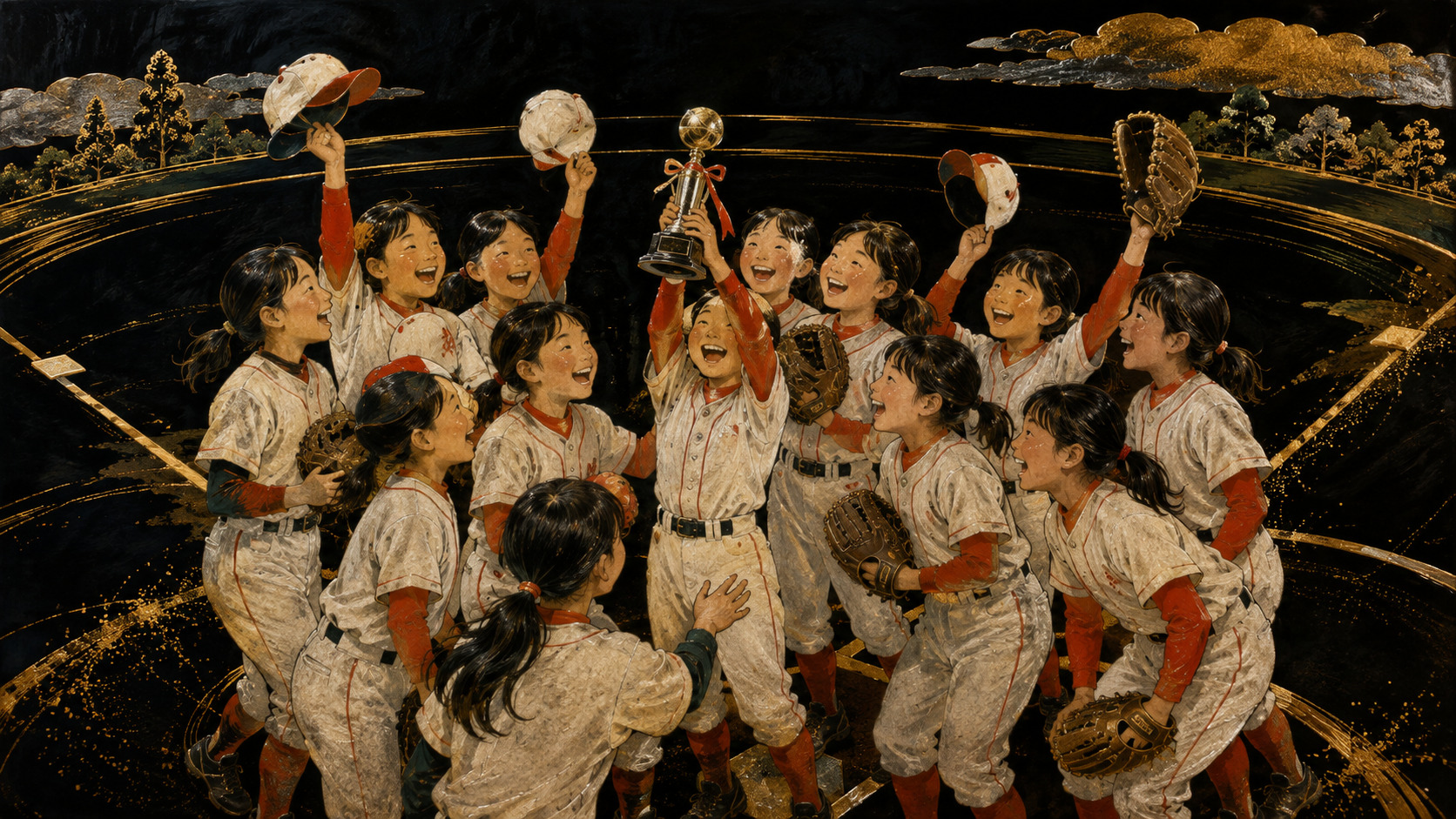 All Oita Girls celebrating on the field after winning their first national baseball championship.