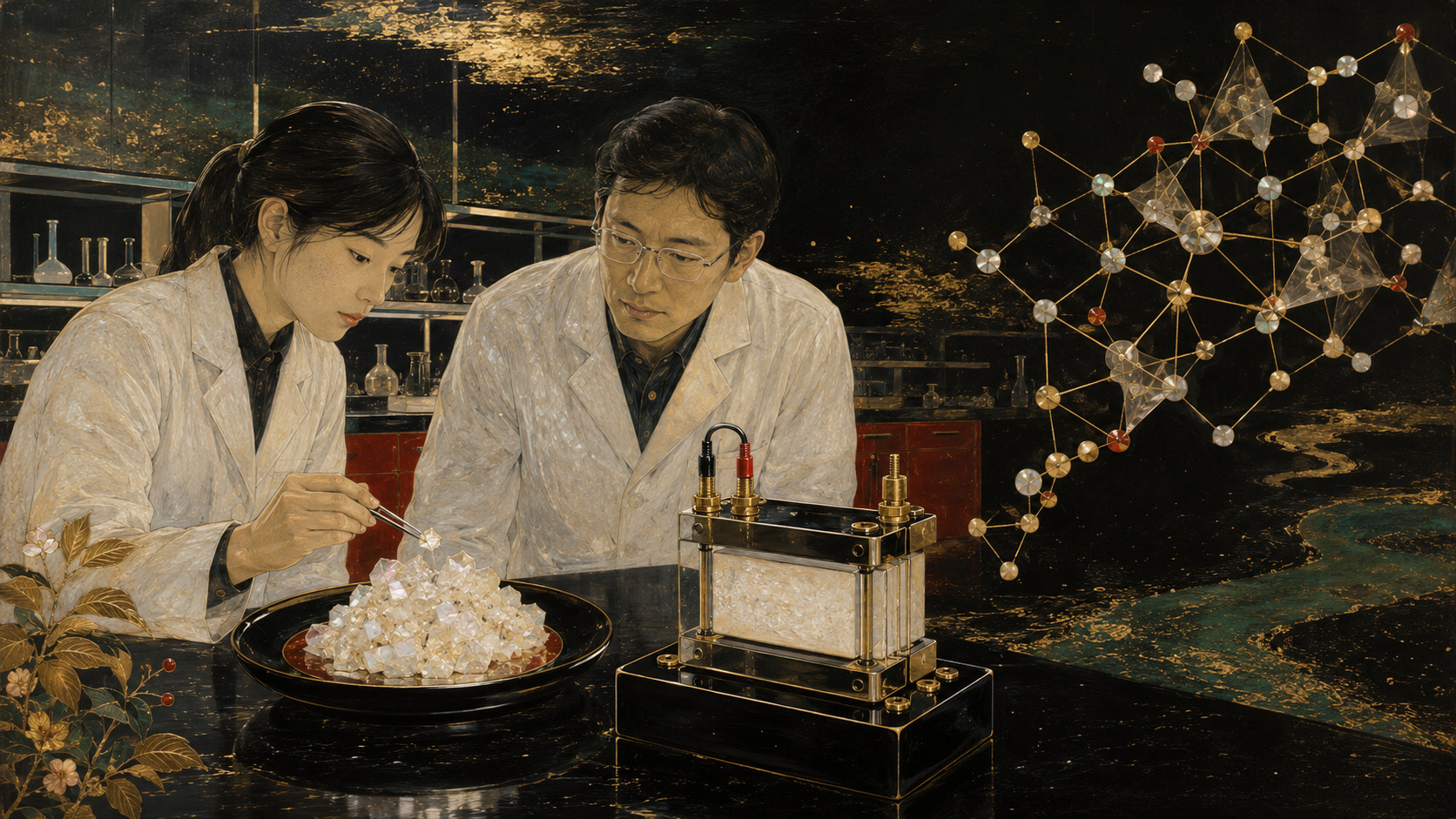 Shibata Zeshin-inspired editorial illustration of researchers, solid-electrolyte crystals and an experimental battery
