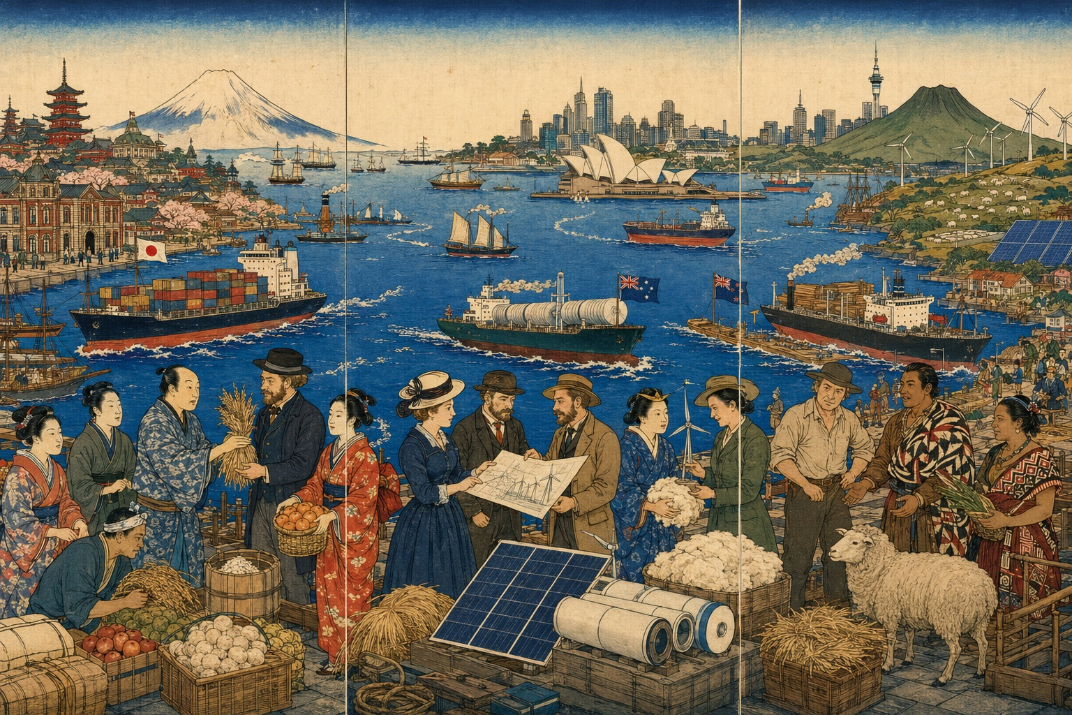 ANZCCJ――インド太平洋経済を結ぶ豪州・NZ・日本の編集イラスト