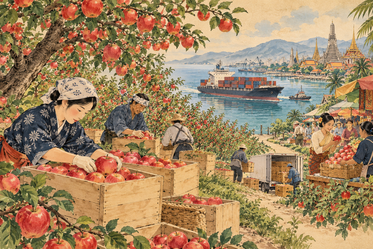 りんごを箱詰めする生産者と、船やタイの市場を組み合わせたイラスト