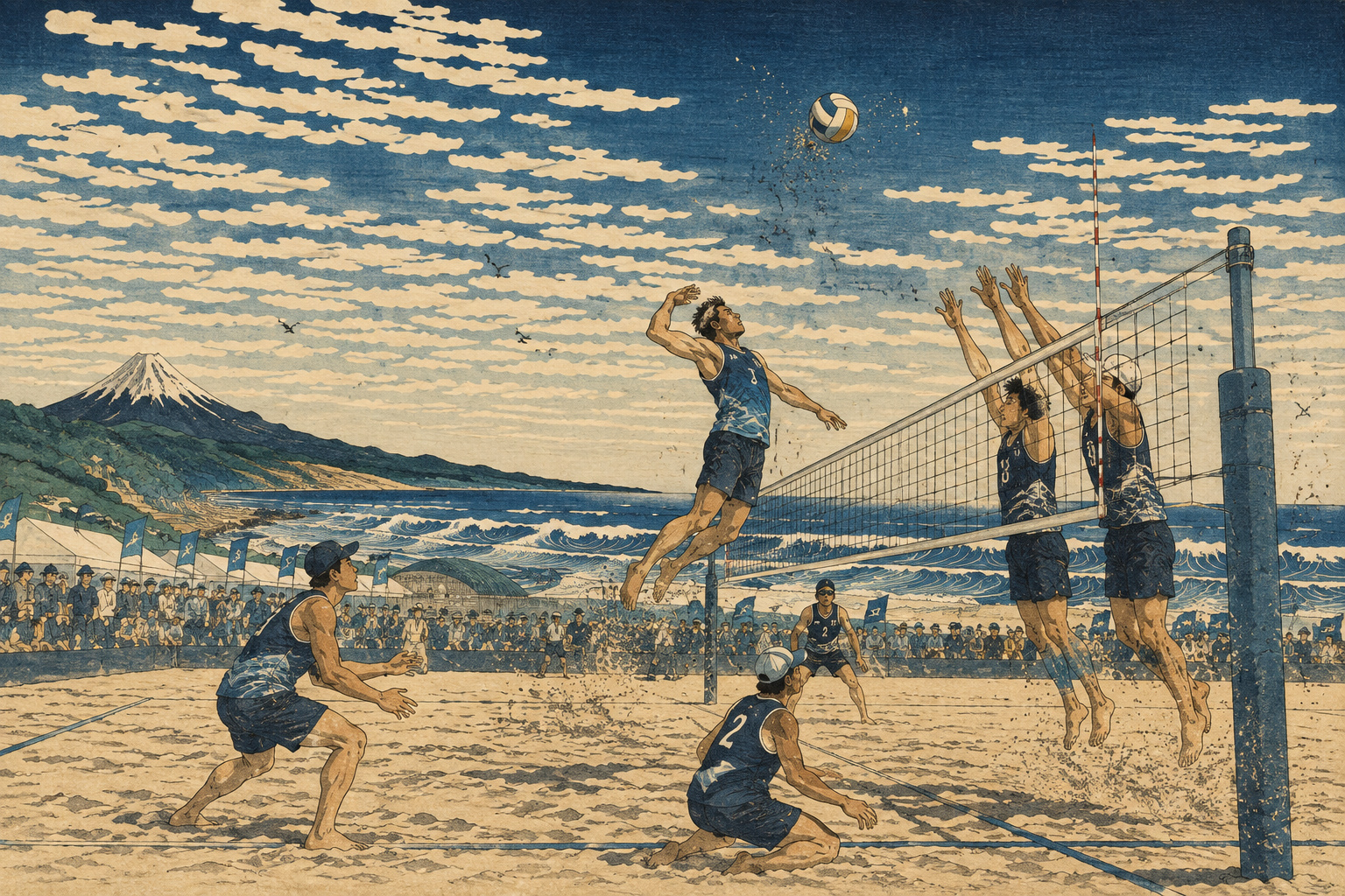 海辺の特設コートで少年ビーチバレーボール選手が競う場面を北斎風に描いた編集イラスト