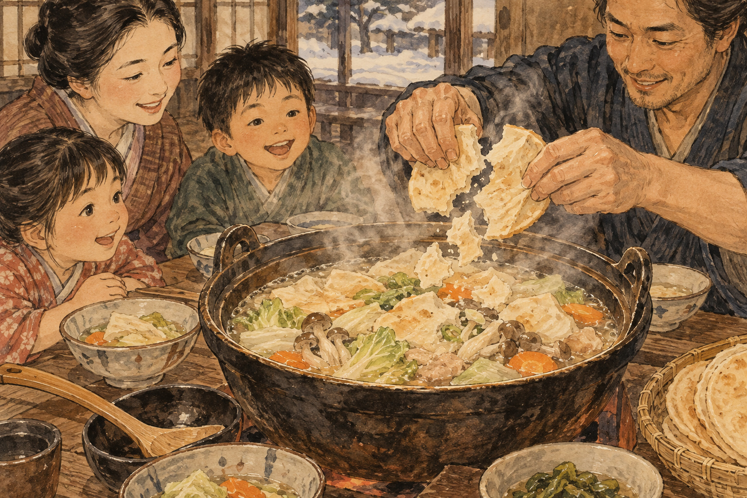 野菜やきのこの入ったせんべい汁の鍋に、せんべいを割り入れる手元を描いたイラスト