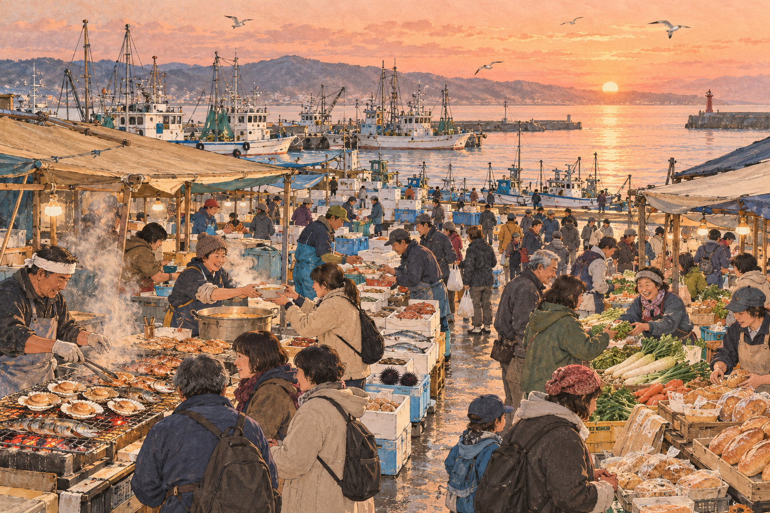 夜明けの八戸の岸壁で、食べ物や野菜の露店に人々が集まるイラスト